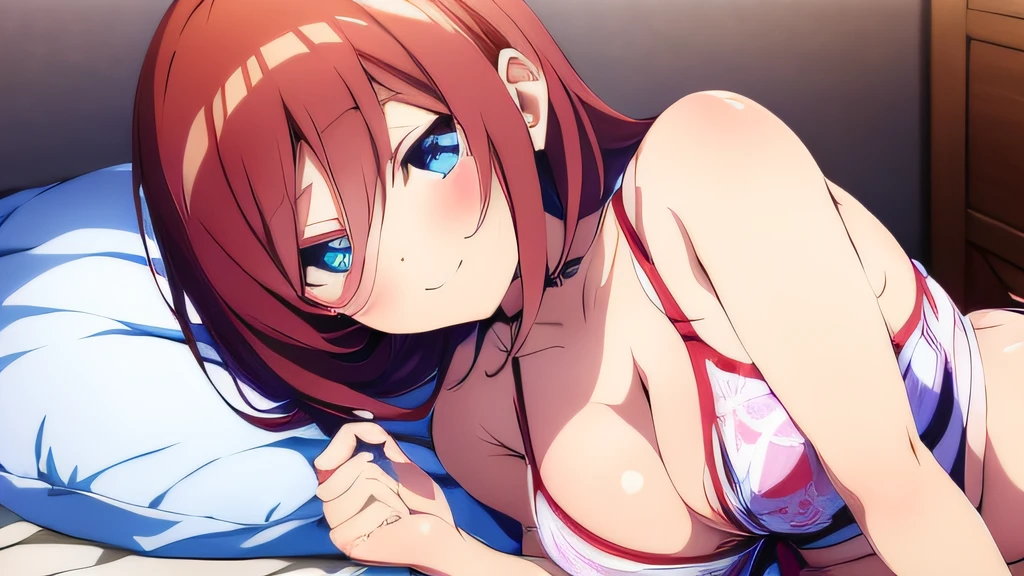 ((masutepiece)), ((Best Quality)), (Ultra-detailed), Anime style, look down from above, on the bed, Cute little girl s, 1girl in, Solo, underwear00, ((Beautiful eyes)), large full breasts, Smile