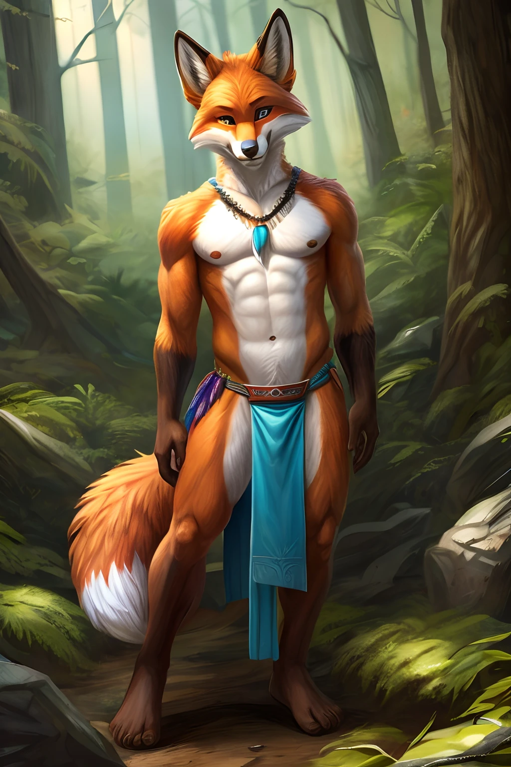 gay tribal fox in a loincloth in the forest