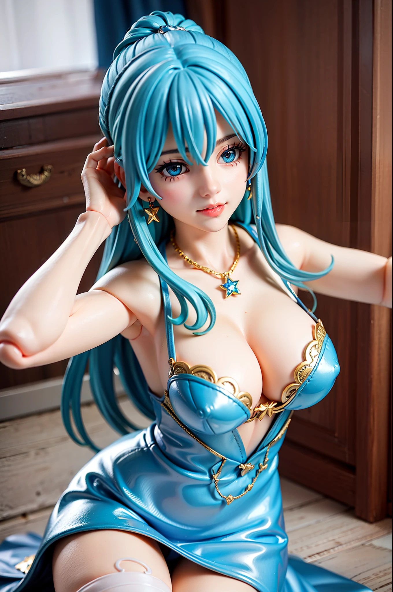 best quality,masterpiece,realistic,HDR,UHD,8K,best quality,masterpiece,Highly detailed,ultra-fine painting,physically-based rendering,extreme detail description,Professional,1girl, solo, long blue aqua hair, breasts, jewelry, dress, looking at viewer, large breasts, blue aqua hair, star earrings, thighhighs, pink dress, necklace, cleavage, parted lips, curtains, red lips, sitting, blue eyes, plunging neckline, indoors
pvc, (figma),