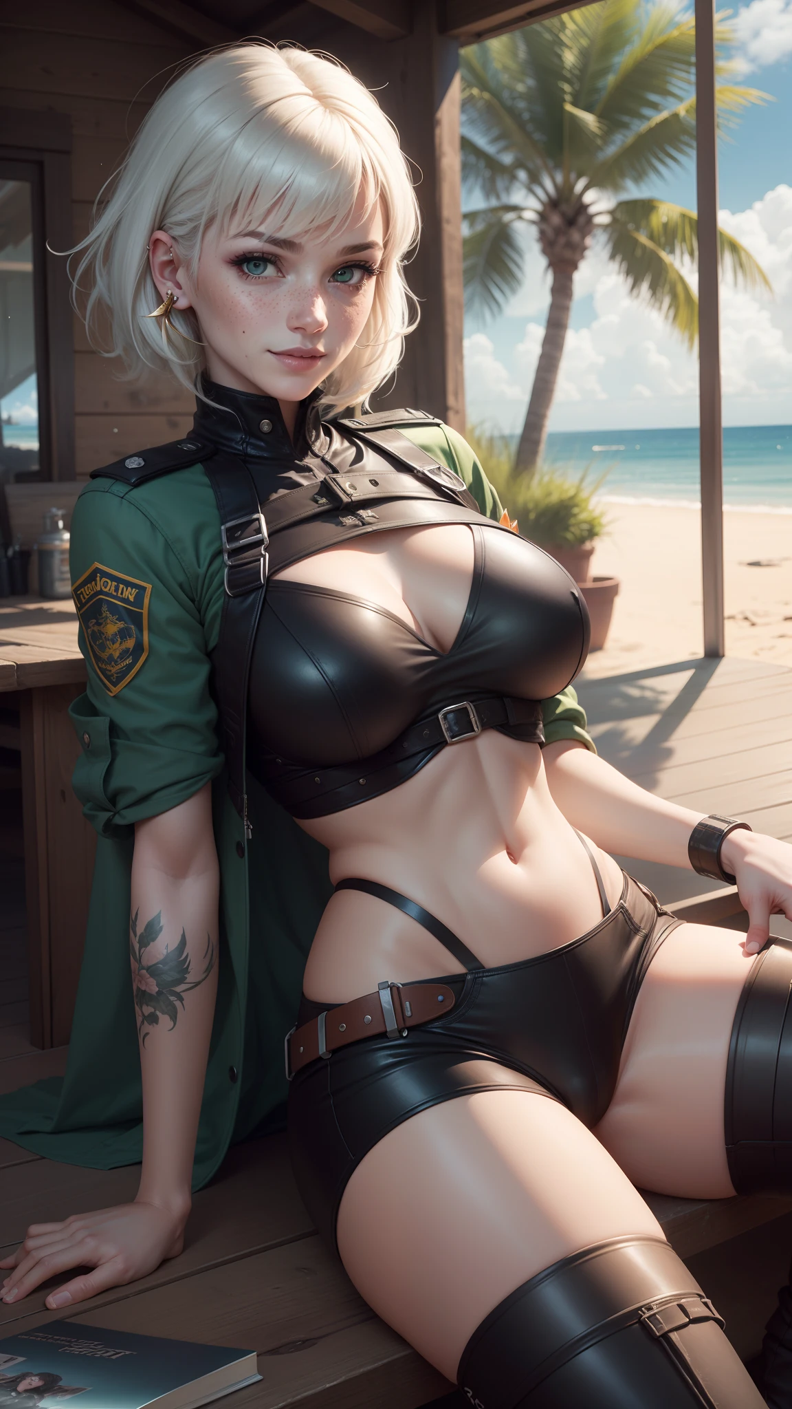 gwen tennyson,1girl,tracer,y'shtola rhul,yorha 2b,atelier ryza,resident evil,close up,mecha pilot,ocean view, tattoos,red and orange plugsuit,white short sleeve silk top,light gray cargo pants,uncovered belly,short hair,cute makeup,green eyes,dimensional blonde hair,shy smile,freckles,beautiful girl,large breasts, ultra detailed,realistic,fantasy art, military uniform,steel armor,palm trees,police uniform,pilot jacket,ear piercings,hair pin,wet body,beach cabin, sitting,legs spread,portrait close up,