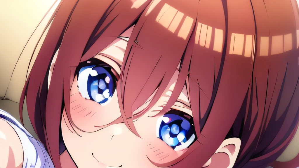 ((masutepiece)), ((Best Quality)), (Ultra-detailed), Anime style, look down from above, on the bed, Cute little girl s, 1girl in, Solo, underwear00, ((Beautiful eyes)), large full breasts, Smile
