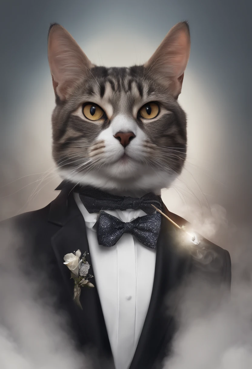 There's a cat man with a bow tie, smoking, Photo de profil Discord, fvckrender, Discord PFP, Portrait NFT, elegant, Il porte un haut-de-forme, SamdoesArts, Samdoesart, L’art NFT, masque blanc, Art in the style of Joshy Sly, un portrait de @hypnose_onc