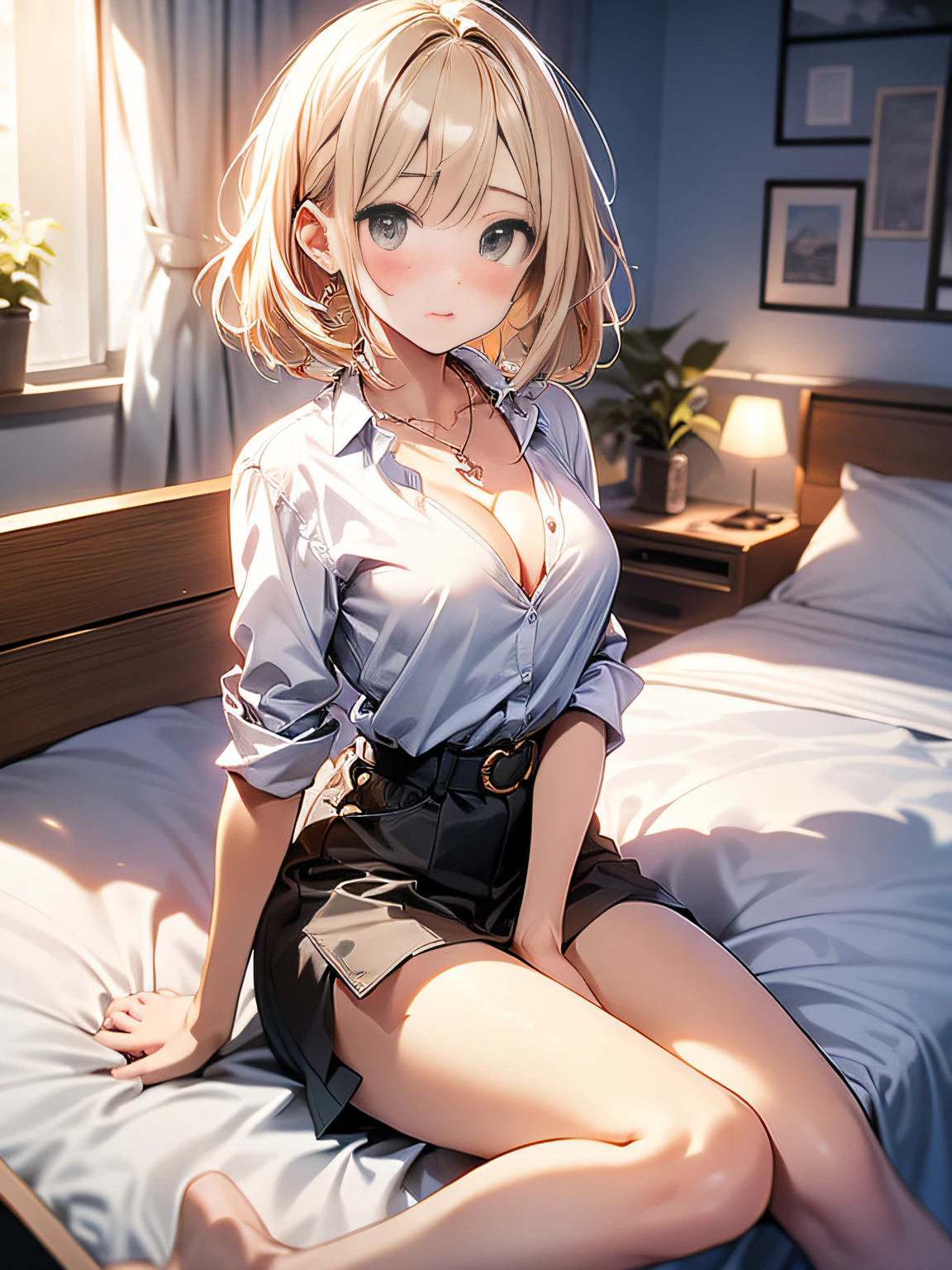 in 8K、top-quality、​masterpiece、ultra-detailliert、Ultra-high resolution、((1 persons))、girl with、a blond、makeups、耳Nipple Ring、a necklace、Medium chest、White shirt、Unbutton、cleavage of the breast、Sit on the bed、a miniskirt、((White panty))