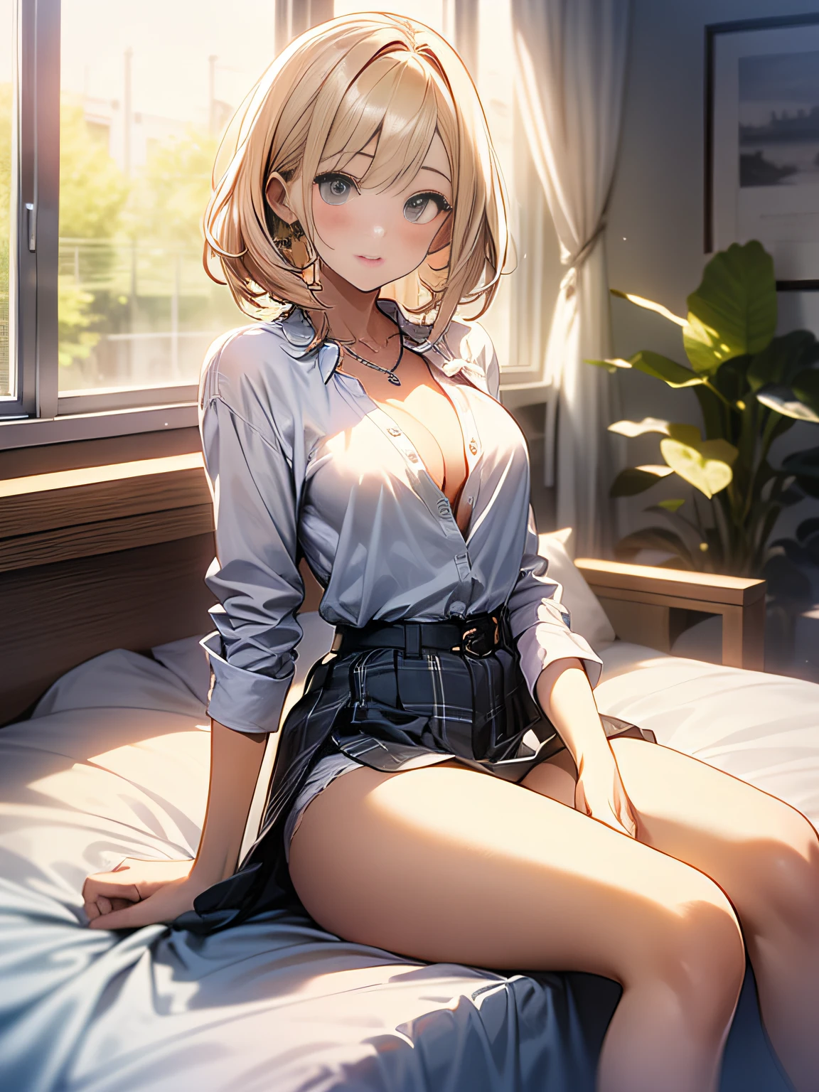in 8K、top-quality、masterpiece、ultra-detailliert、Ultra-high resolution、((1 persons))、girl with、a blond、makeups、耳Nipple Ring、a necklace、Medium chest、White shirt、Unbutton、cleavage of the breast、Sit on the bed、a miniskirt、((White panty))
