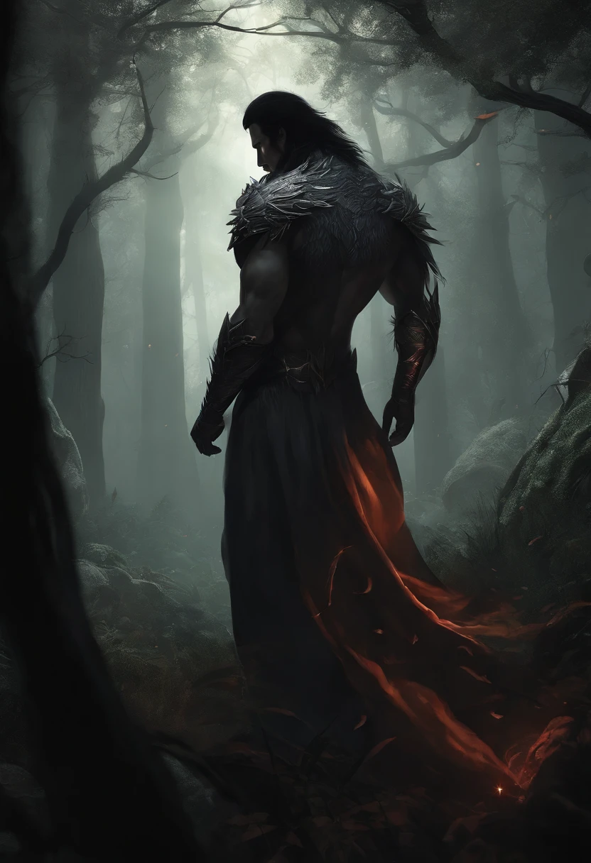 Close-up of 1 werewolf, with long spiky black hair, red eyes, His skin is pale, His sharp and intimidating red eyes have distinctive features, His facial lines are masculine, attractive, fierce, black claws, full body, shoulders wide, Abs, masculine, muscular, imposing, very tall, attractive, intimidating, Masterpiece, absurd, Best quality, Intricate details, kissing his wife's neck (Hinata Hyuga), Dressed in white, delicate, with black hair very long bluish with straight bangs and two long strands that frame his face, white eyes without pupils, His skin is pale like white jade, couple, hugging, romance, Hetero couple, 1 man + 1 woman, Concept art of the dark forest, Dark fantasy forest, Dark fantasy art, Dark fantasy style art, Dark fantasy concept art, Dark fantasy background, DND in a dark forest, Epic fantasy digital art style, male, An illustration of an ominous landscape fantasy, Dark fantasy concept art, standing in a dark forest, A sinister fantasy illustration, Dark fantasy landscape, 8K fantasy art, Masterpiece, Best quality, (CG 8k panoramic backgrounds, High quality unit and very high resolution), (Best quality), (Best Work of Art), (Best shadows), Forest theme with natural elements. Tall trees, seen from afar, Calm streams, small glowing mushrooms surrounded by delicate leaves and branches, with fireflies and glowing particle effects, (Natural elements), (Jungle theme), (leaves), (Twigs), (Fireflies) ), Butterflies, (Delicate Leaves), (Glow), (Particle Effects), Isometric 3D, Octane Rendering, Ray Tracing, Super High Resolution, Forbidden Forest