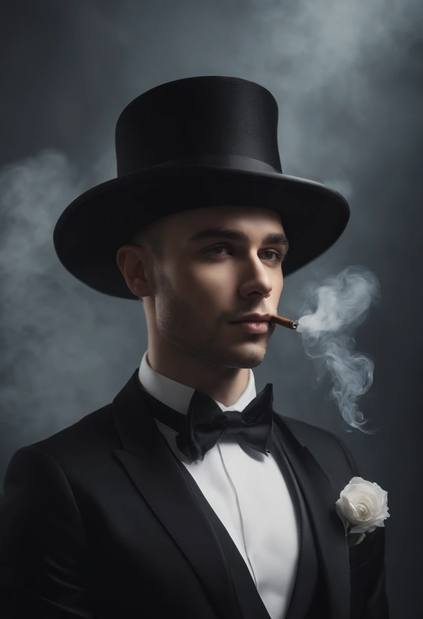 ethereal photo of an elegant man, emerging from swirls of smoke and vapors, black hat style, mature age,