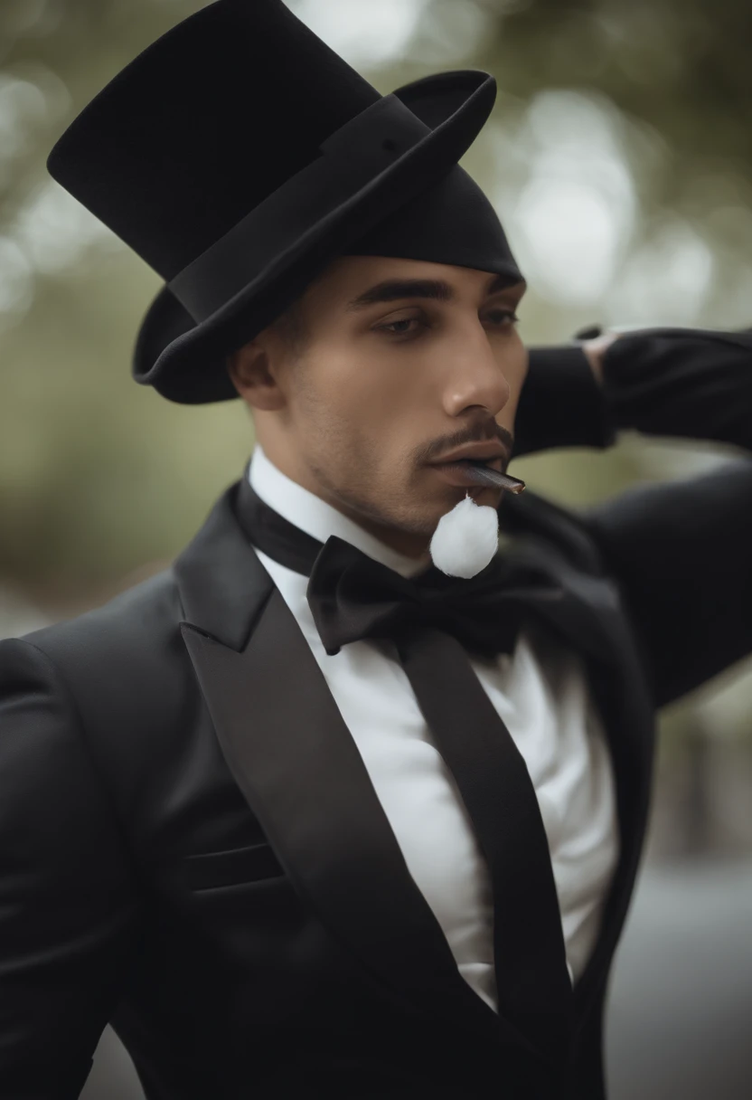 with a bow tie, smoking, chapeau haute forme, Photo de profil Discord, fvckrender, Discord PFP, Portrait NFT, elegant, Il porte un haut-de-forme, SamdoesArts, Samdoesart, L’art NFT, masque blanc, Art in the style of Joshy Sly, un portrait de @hypnose_onc