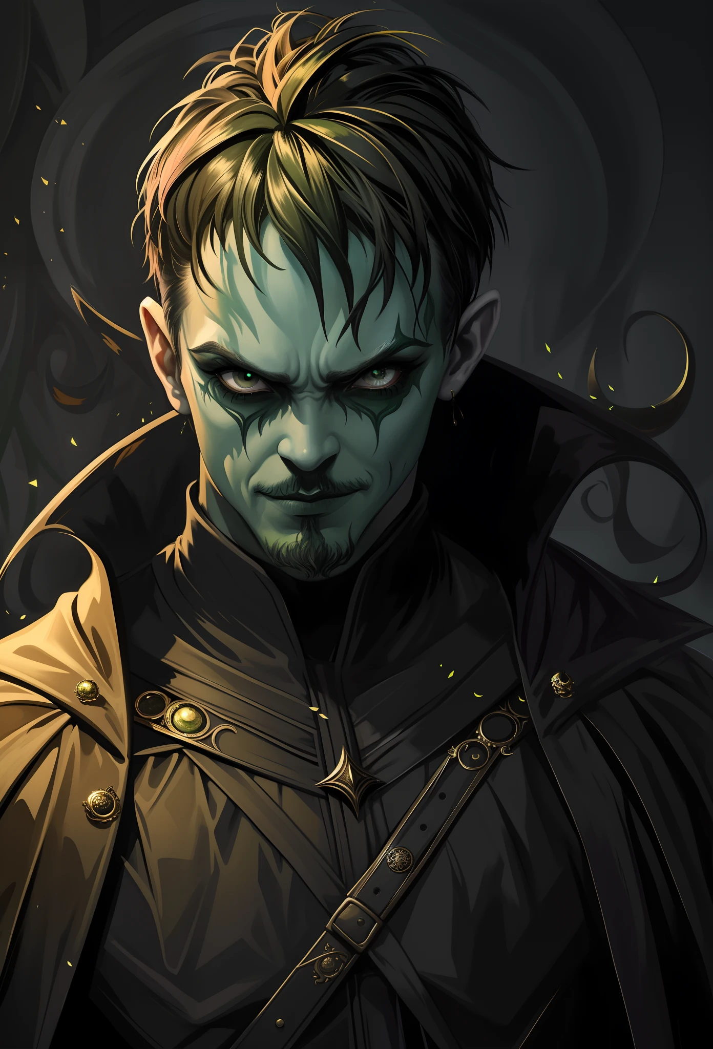 There's a man with a green face and a chain around his neck, arte de estilo fantasia escura, no estilo da arte da fantasia sombria, design de personagens de fantasia sombria, retrato de fantasia escura, arte conceitual de fantasia sombria, fantasy ttrpg villain, arte de fantasia sombria, dark fantasy illustration, Retrato do velho necromante, Fantasia sombria misturada com realismo, arte de fantasia sombria