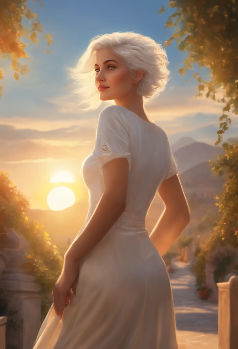 (Masterpiece, Best Quality), (Real Pictures, intricate details), (afternoon, Sun, Sunny) Mouth of the alley, Embrace the Sun, The sun falls on the body, eyes slightly closed,. (1 girl, Disheveled short white hair, Embracing the Sun, Smiling, raised chin, side face) She spread her arms,