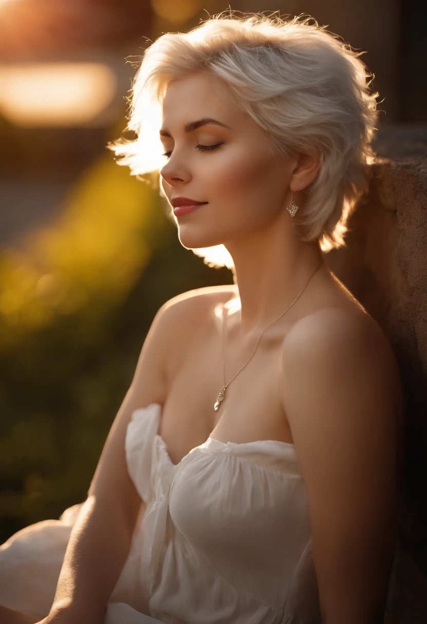 (Masterpiece, Best Quality), (Real Pictures, intricate details), (afternoon, Sun, Sunny) Mouth of the alley, Embrace the Sun, The sun falls on the body, eyes slightly closed,. (1 girl, Disheveled short white hair, Embracing the Sun, Smiling, raised chin, side face) She spread her arms,