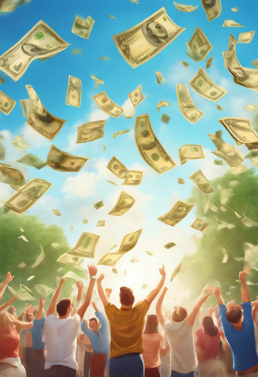 (money raining from the sky),illustration, vibrant colors, joyful atmosphere, detailed bills floating in the air, excited people grabbing the money, happy expressions, sunny day, crisp focus, high-resolution, energetic style, dynamic lighting, realistic rendering