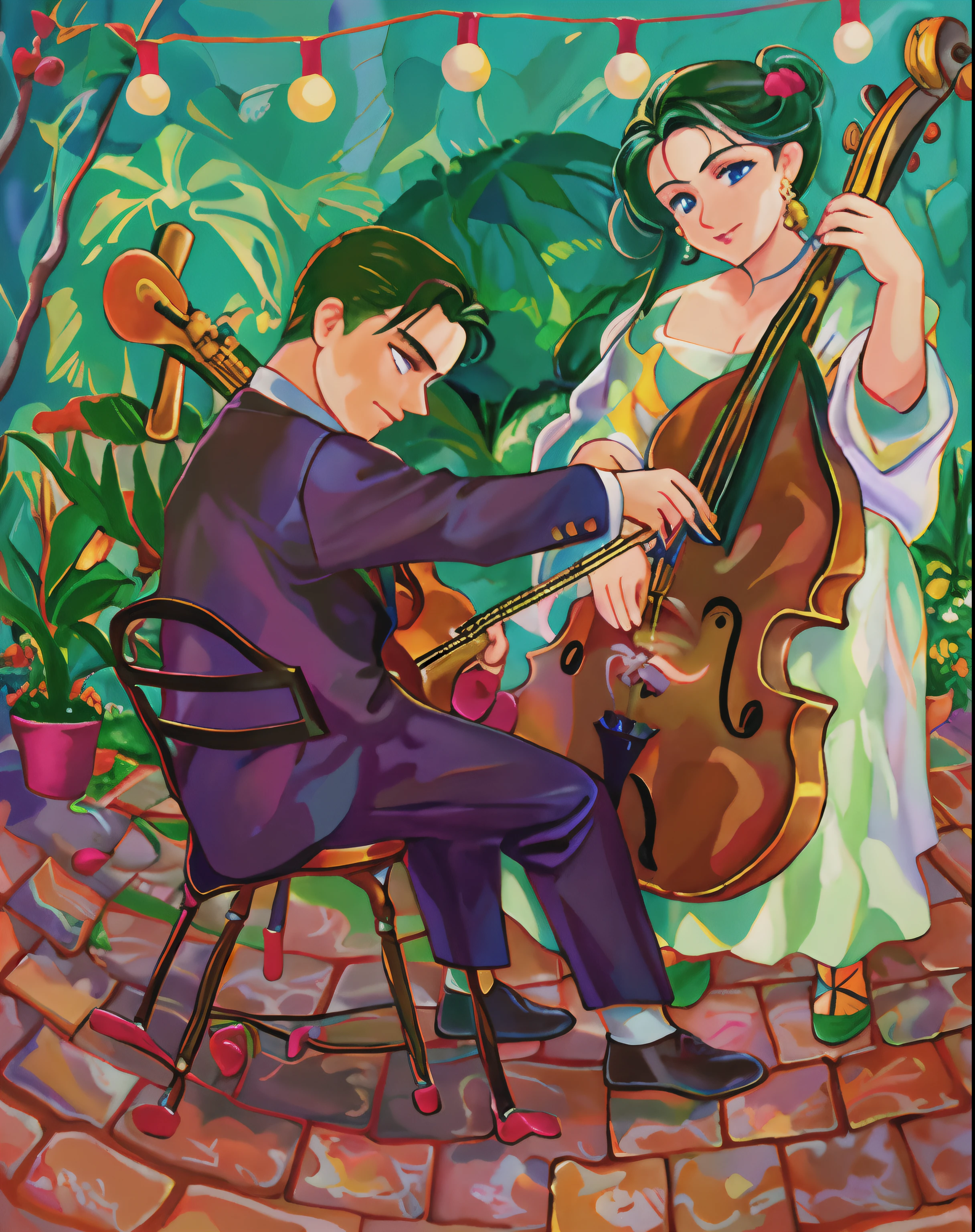 Painting of a man and a woman playing a musical instrument in a courtyard, musicians, Directed by: Angel Botello, Directed by: Candido Lopez, oil on the canvas, Virtuosic painting, painting oil on canvas, by Tarsila do Amaral, Directed by: Nandor Soldier, inspired by József Rippl-Rónai