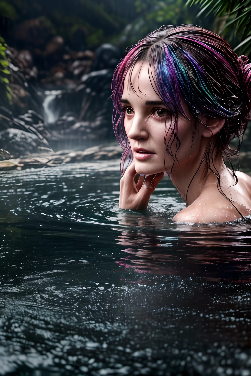 "(twilights, marsh, Draterwater Lighting, sombreamento de baixo), uma mulher sereia, Drowning Sexually in the Swamp, rosto corado, ariel, cabelos vermelhos "