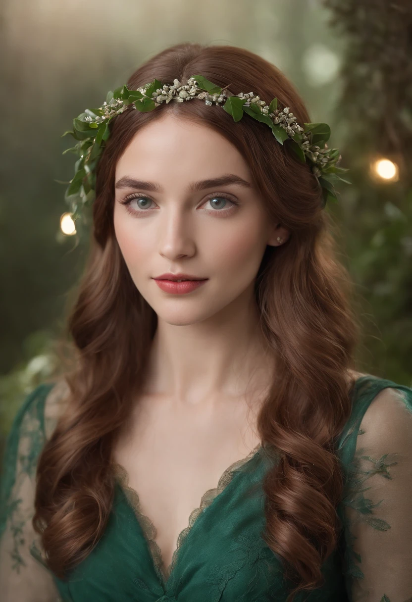 Holly Evergreen is a picture of understated beauty, with a delicate and ethereal presence that perfectly fits the enchanting Christmas setting of the story. She has long, wavy chestnut hair that falls gracefully to her mid-back, often adorned with a festive ribbon or a sprig of mistletoe. Her hair frames a heart-shaped face with soft, rosy cheeks that easily flush with emotion.
Her eyes are like a pair of deep, emerald pools, twinkling with a mix of curiosity and shyness. They reflect the warmth.