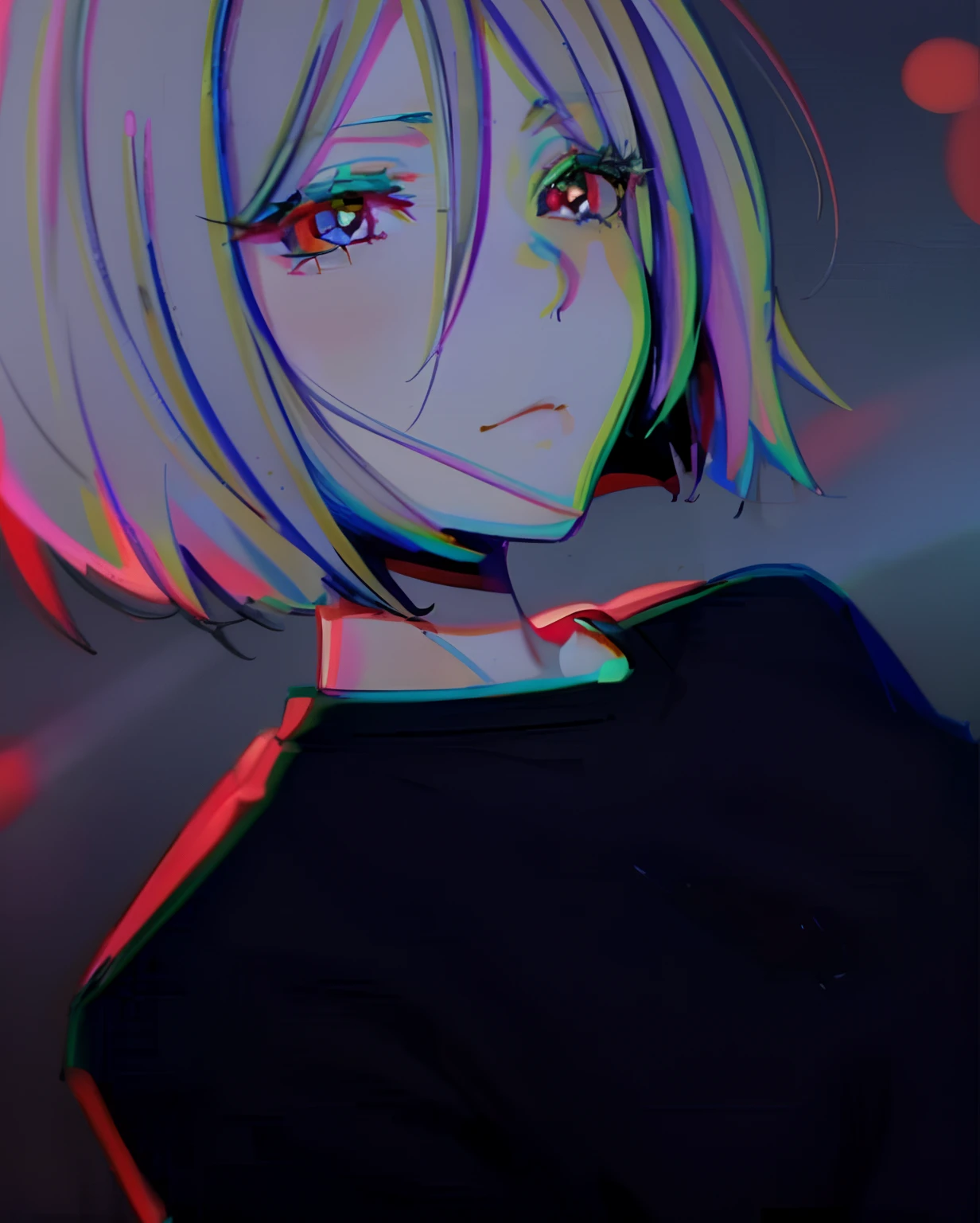 a close up of a person with a short hair and a black shirt, anime vibes, ufotable art style, in an anime style, in anime style, anime style mixed with fujifilm, unknown artstyle, anime styled, discord profile picture, intricate heterochromatic sad, portrait a woman like reol, semirealistic anime style, anime styled 3d, anime aesthetic