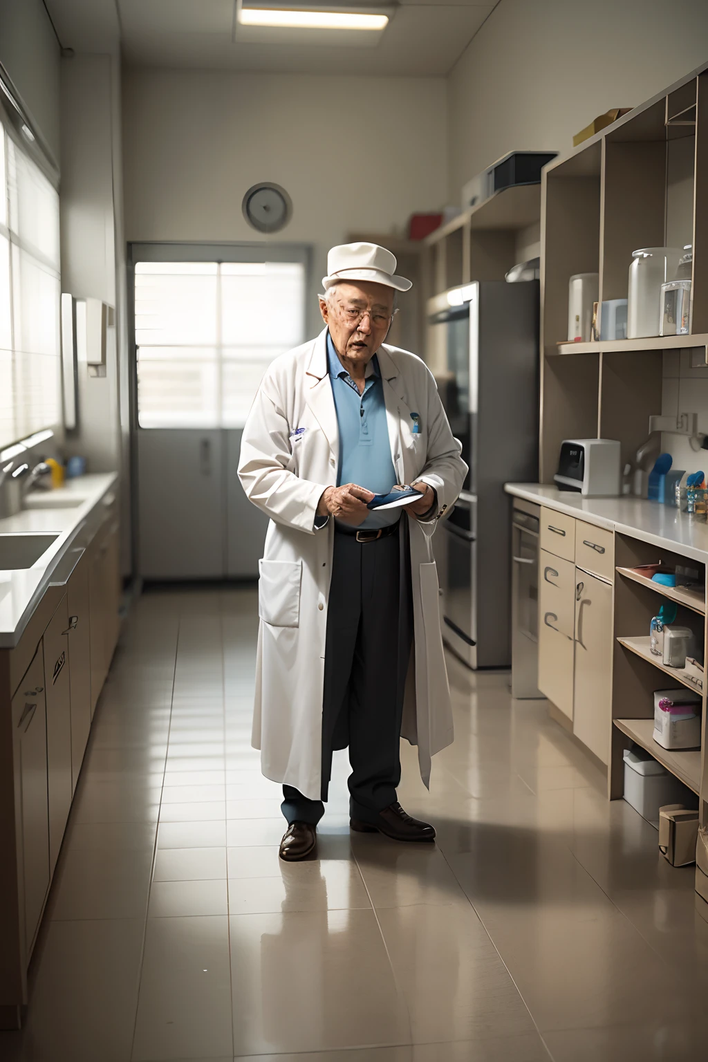 75-year-old grandfather、Investigador con bata blanca、apariencia々Escena de un laboratorio con equipos、Small, short figure、