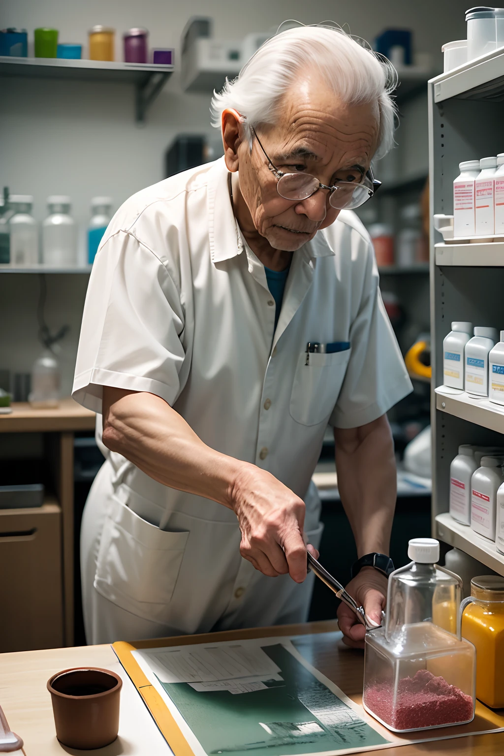75-year-old grandfather、Investigador con bata blanca、apariencia々Escena de un laboratorio con equipos、Small, short figure、