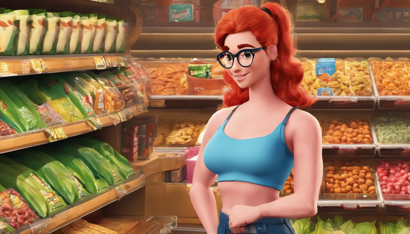 Allison confidently promotes the snacks in the grocery store, wearing a pink crop top, ponytail, blue jeans, and hiking boots. Her vibrant red hair and glasses add to her unique appearance.
Allison, a 24-year-old American from Corpus Christi, Texas, stands out in the grocery store as she showcases the snacks. With her slim, buxom figure, red hair, and glasses, she exudes confidence and charm.
In the grocery store, Allison catches the attention of shoppers with her striking appearance. Wearing a pink crop top, blue jeans, and hiking boots, she confidently promotes the snacks. Her red hair, glasses, and slim, buxom figure make her stand out.