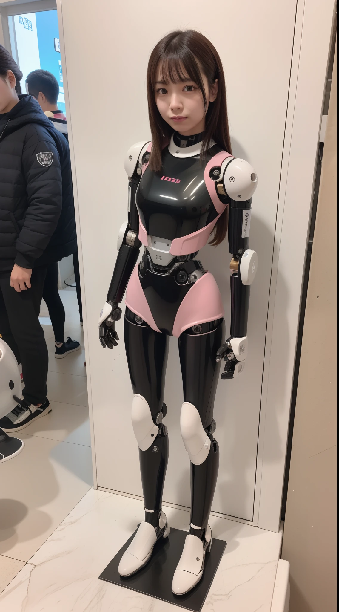 cyborgs, Pink, Silver, metalic, Robot Parts, Metal Parts, Super Detailed Face, Super Cropped Face, of the highest quality, a small face, Full body, Standing, Black hair, Thin, Camera gaze, Internal Mechanical Exposure, Idol, Live action,, 9 head body, gravure, Photo session, akihabara, Moe Pose, Frontal, Model body type, sad, Embarrassing,(Perfect Robot Girl),(Perfect machine body)