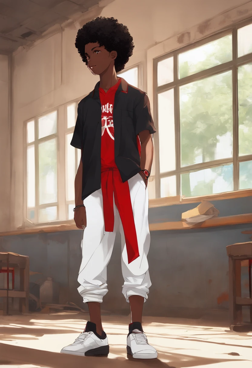 Personagem negro de 15 anos, com cabelo preto curto. Wears red pants and white polo shirt. Usa AK 47 preta. It's standing in an abandoned classroom, olhando para frente, ((estilo anime)), (anime style), ((anime))