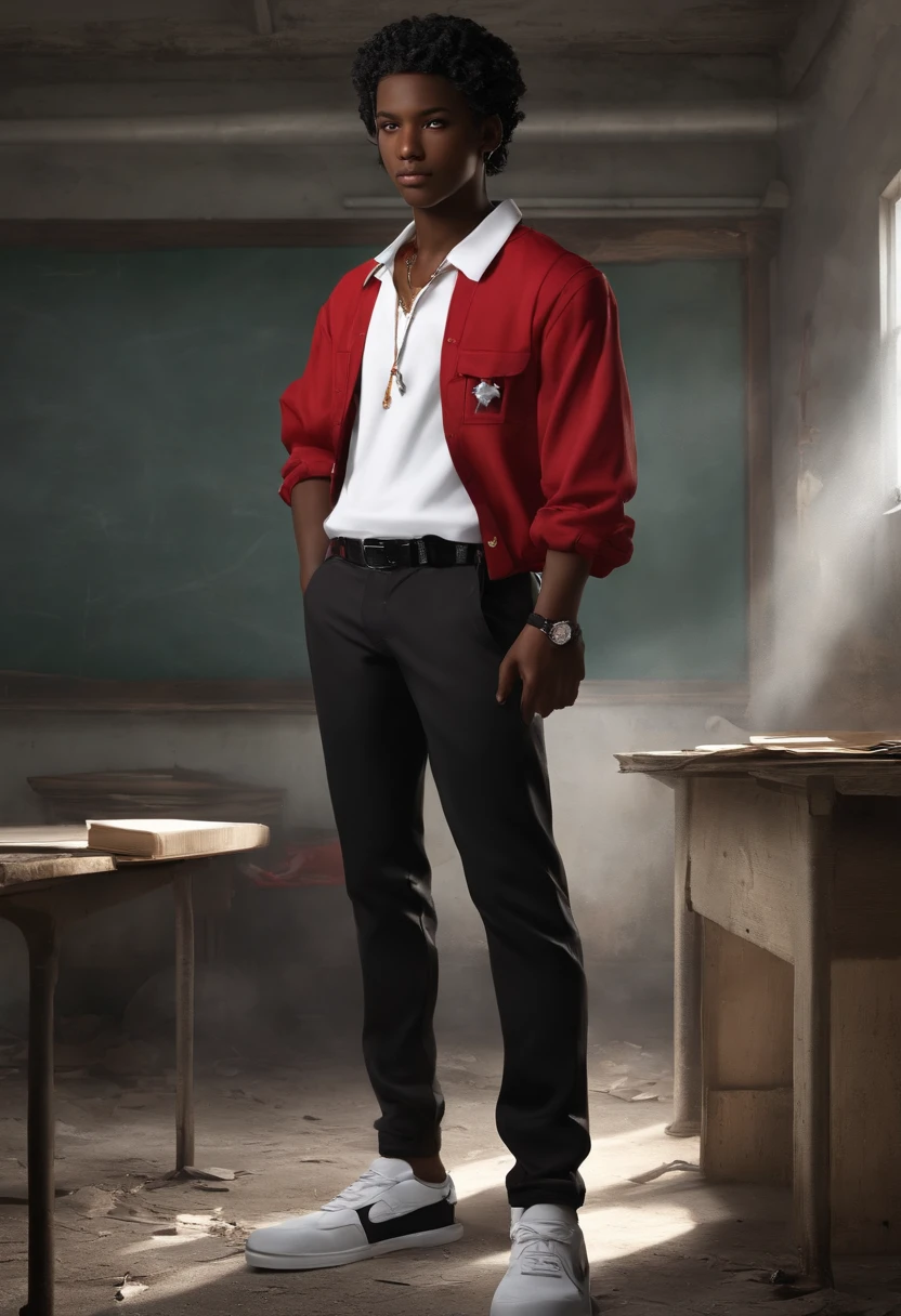 Personagem negro de 15 anos, com cabelo preto curto. Wears red pants and white polo shirt. Usa AK 47 preta. It's standing in an abandoned classroom, olhando para frente, ((estilo anime)), (anime style), ((anime))