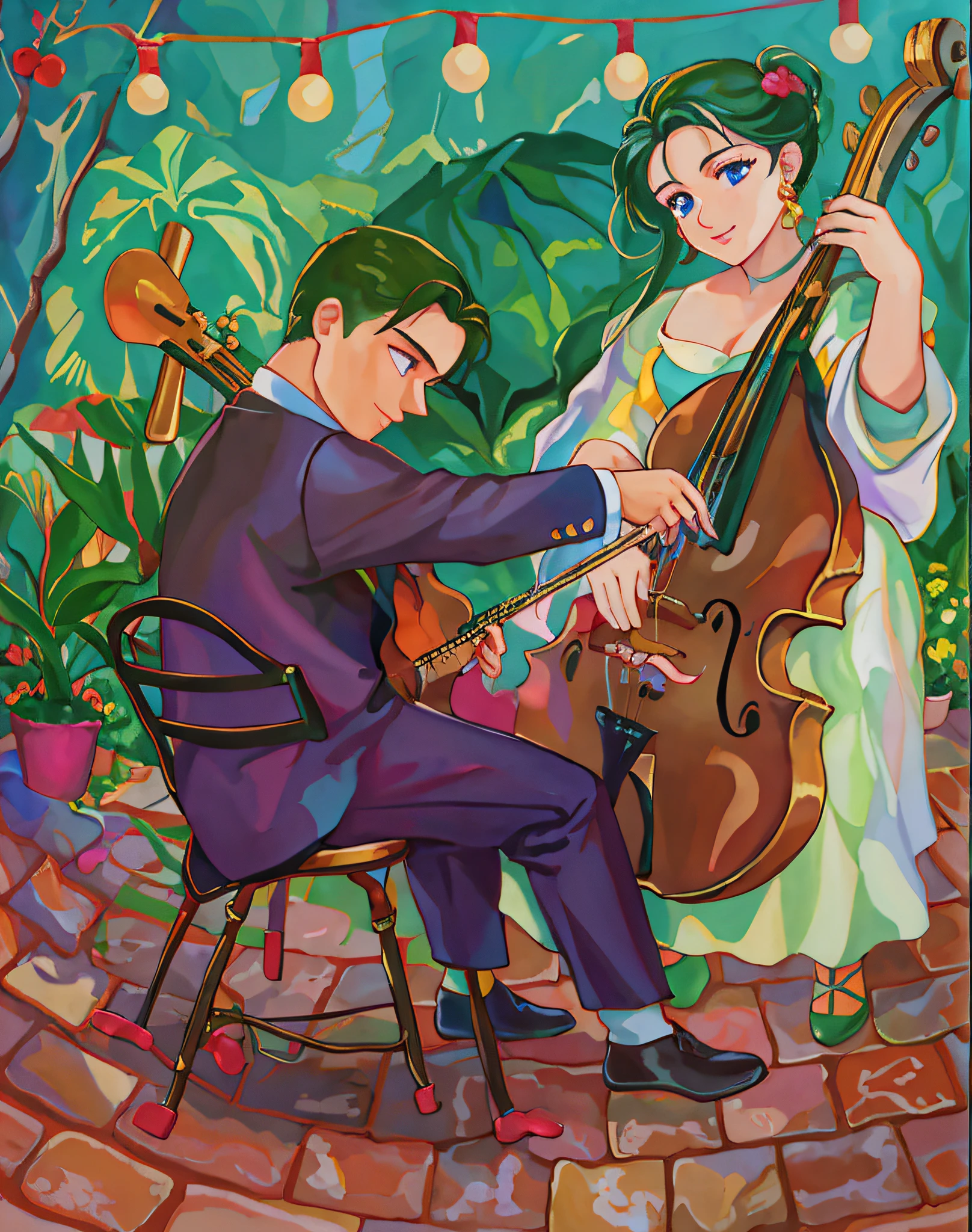 Painting of a man and a woman playing a musical instrument in a courtyard, musicians, Directed by: Anjo Botello, Directed by: Cândido Lopez, oil on the canvas, Virtuosic painting, painting oil on canvas, by Tarsila do Amaral, Directed by: Nandor Soldier, inspired by József Rippl-Rónai, olhos perfeitos, corrigir os olhos.