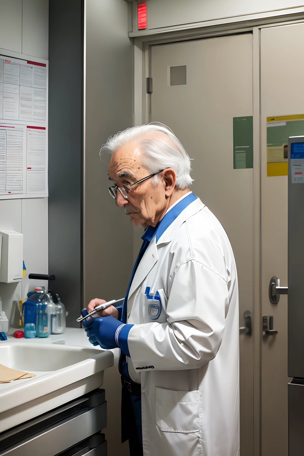 75-year-old grandfather、Investigador con bata blanca、apariencia々Escena de un laboratorio con equipos、Small, short figure、