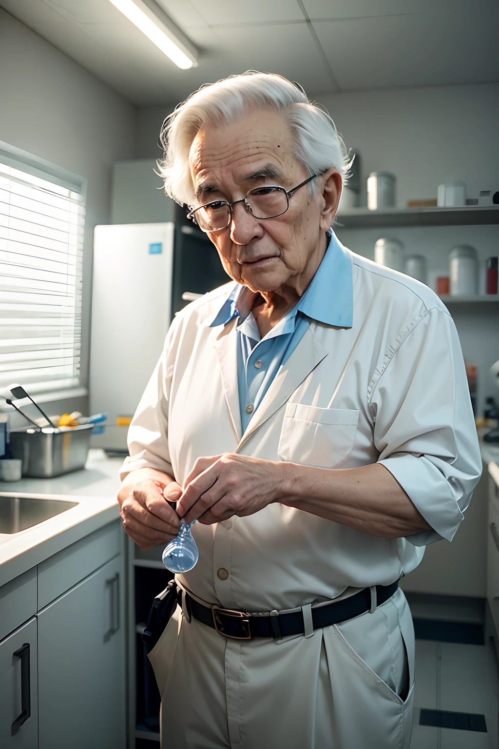 75-year-old grandfather、Investigador con bata blanca、apariencia々Escena de un laboratorio con equipos、Small, short figure、