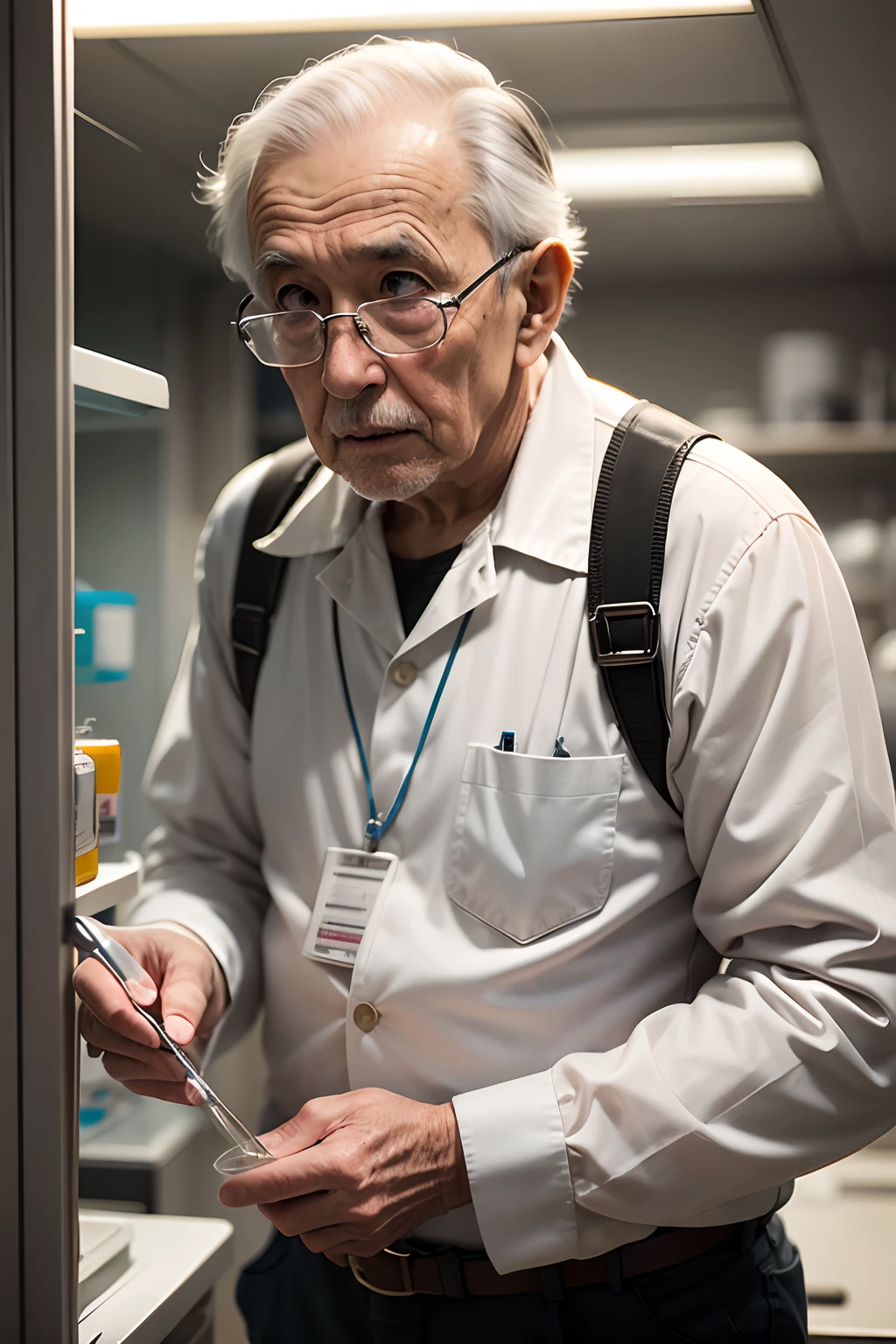 75-year-old grandfather、Investigador con bata blanca、apariencia々Escena de un laboratorio con equipos、Small, short figure、
