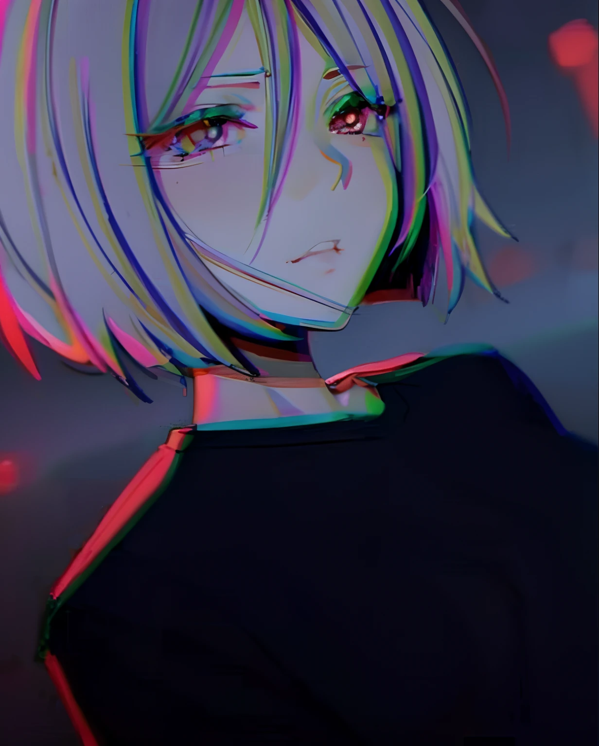 a close up of a person with a short hair and a black shirt, anime vibes, ufotable art style, in an anime style, in anime style, anime style mixed with fujifilm, unknown artstyle, anime styled, discord profile picture, intricate heterochromatic sad, portrait a woman like reol, semirealistic anime style, anime styled 3d, anime aesthetic