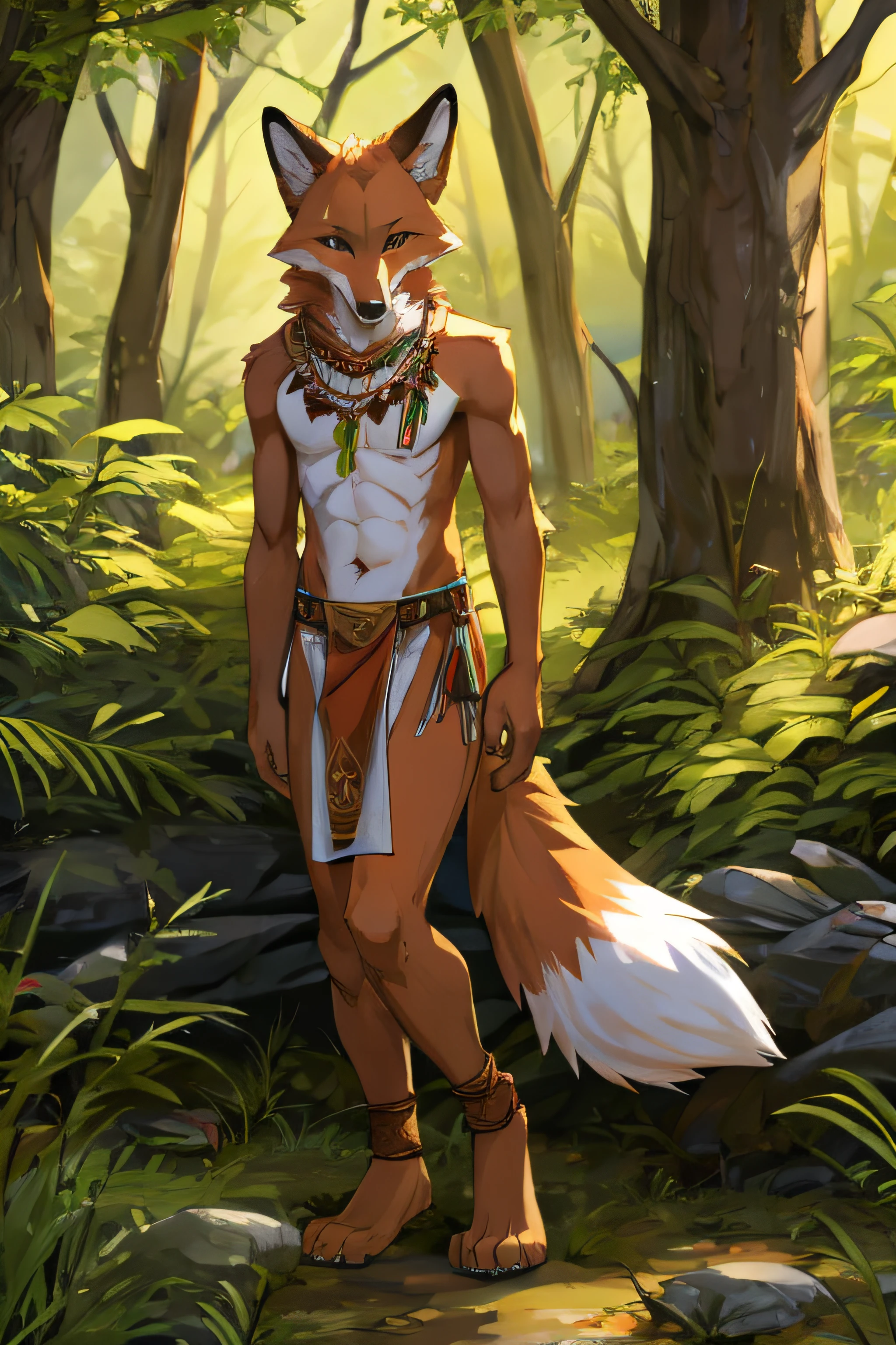 skinny tribal fox in a loincloth in the forest