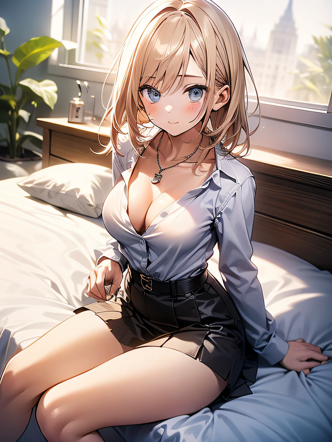 in 8K、top-quality、masterpiece、ultra-detailliert、Ultra-high resolution、((1 persons))、girl with、a blond、floated hair、makeups、耳Nipple Ring、a necklace、Medium chest、White shirt、Unbutton、cleavage of the breast、Sit on the bed、a miniskirt、((White panty))