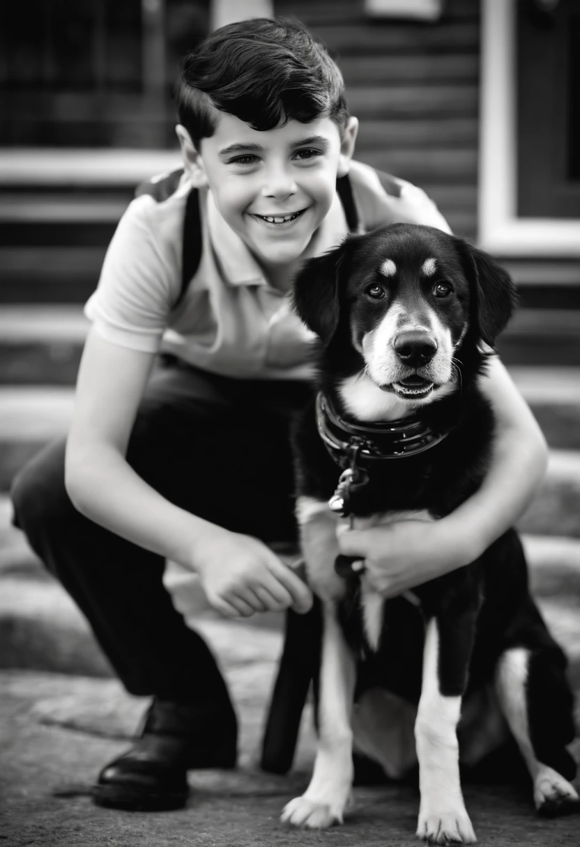 boy who looks like Jerry Lewis, dog training, lively expressions, mischievous smile, curly hair, vintage style, black and white photography, energetic movements, retro clothing, classic dog training tools, outdoor setting, sunny day, vibrant colors, strong contrast, dramatic lighting