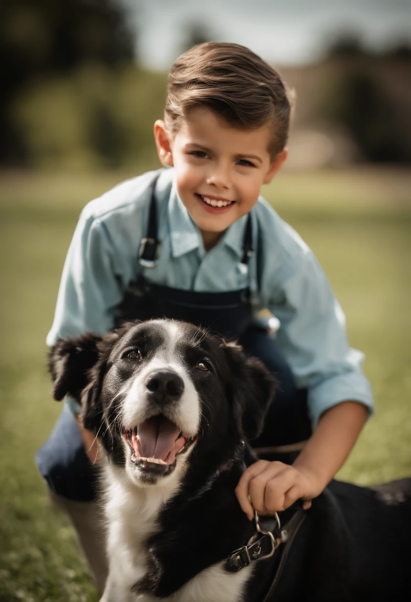 boy who looks like Jerry Lewis, dog training, lively expressions, mischievous smile, curly hair, vintage style, black and white photography, energetic movements, retro clothing, classic dog training tools, outdoor setting, sunny day, vibrant colors, strong contrast, dramatic lighting