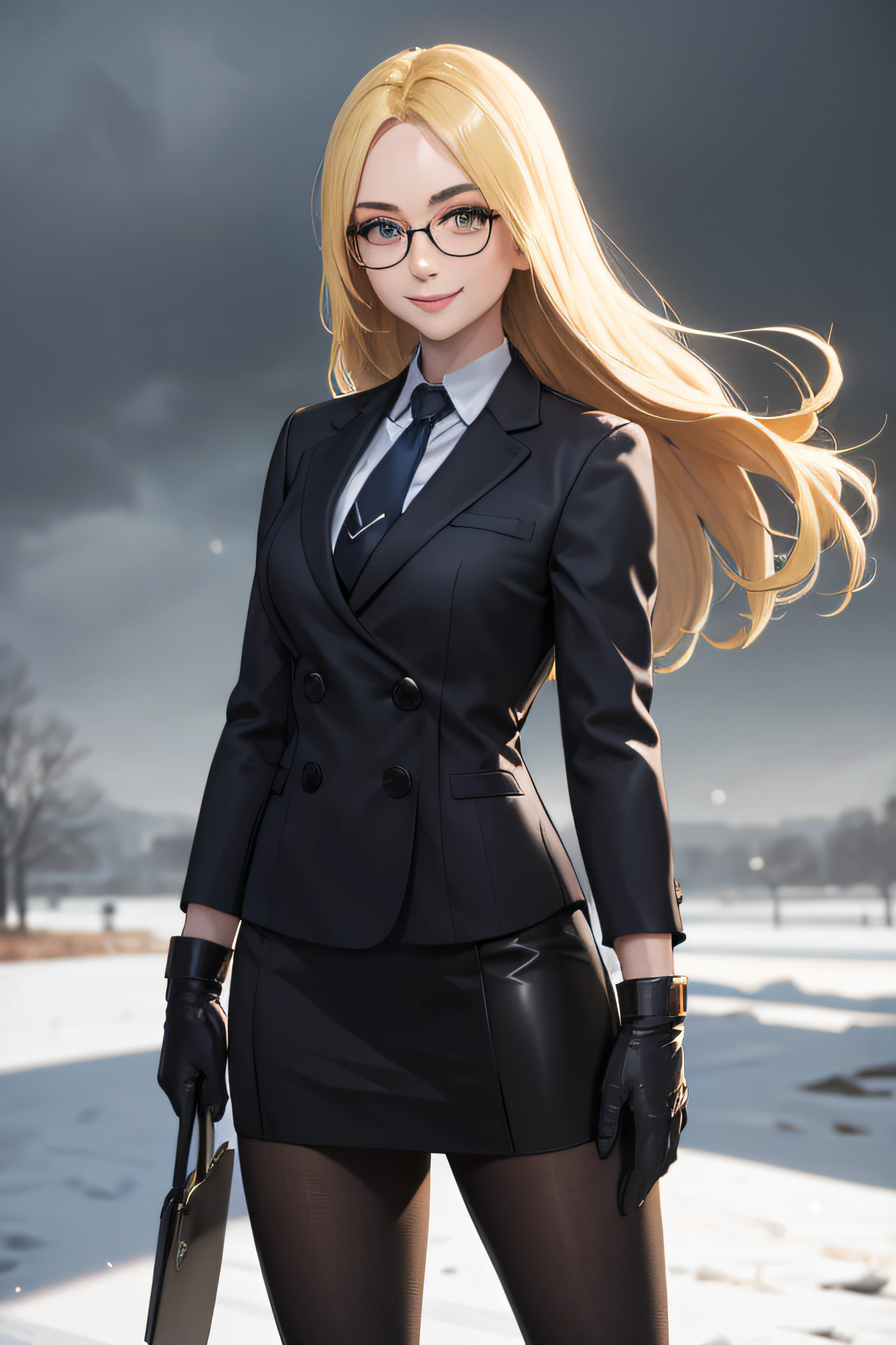 masterpiece, best quality, blonde hair, sfKolin, glasses, black shiny skirt suit, (((three-piece suit))), necktie, blazer, suit jacket, waistcoat, bodycon skirt, snow, grey sky, black gloves, holding clipboard, smiling, looking at viewer, battle stance