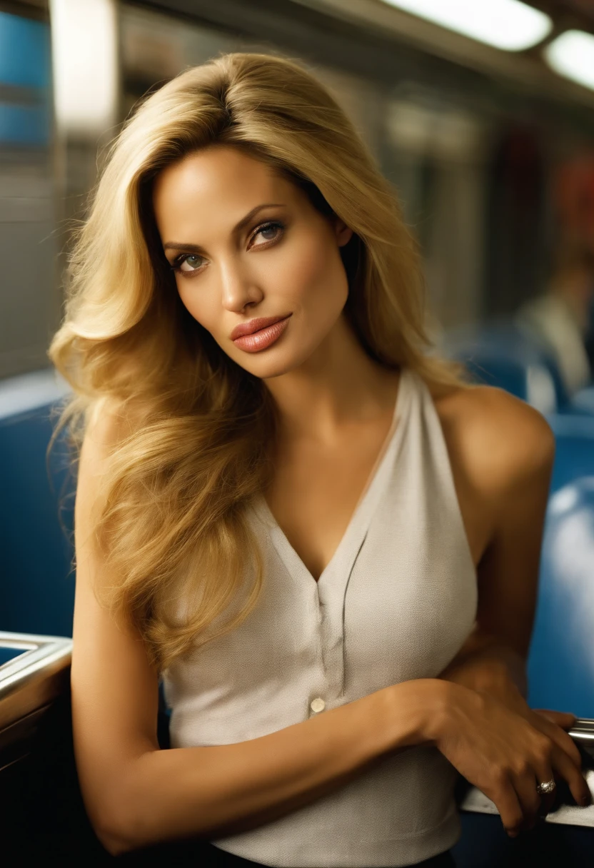 blonde angelina jolie 18 year old sister, latin, walk in train, sexy, super realistic