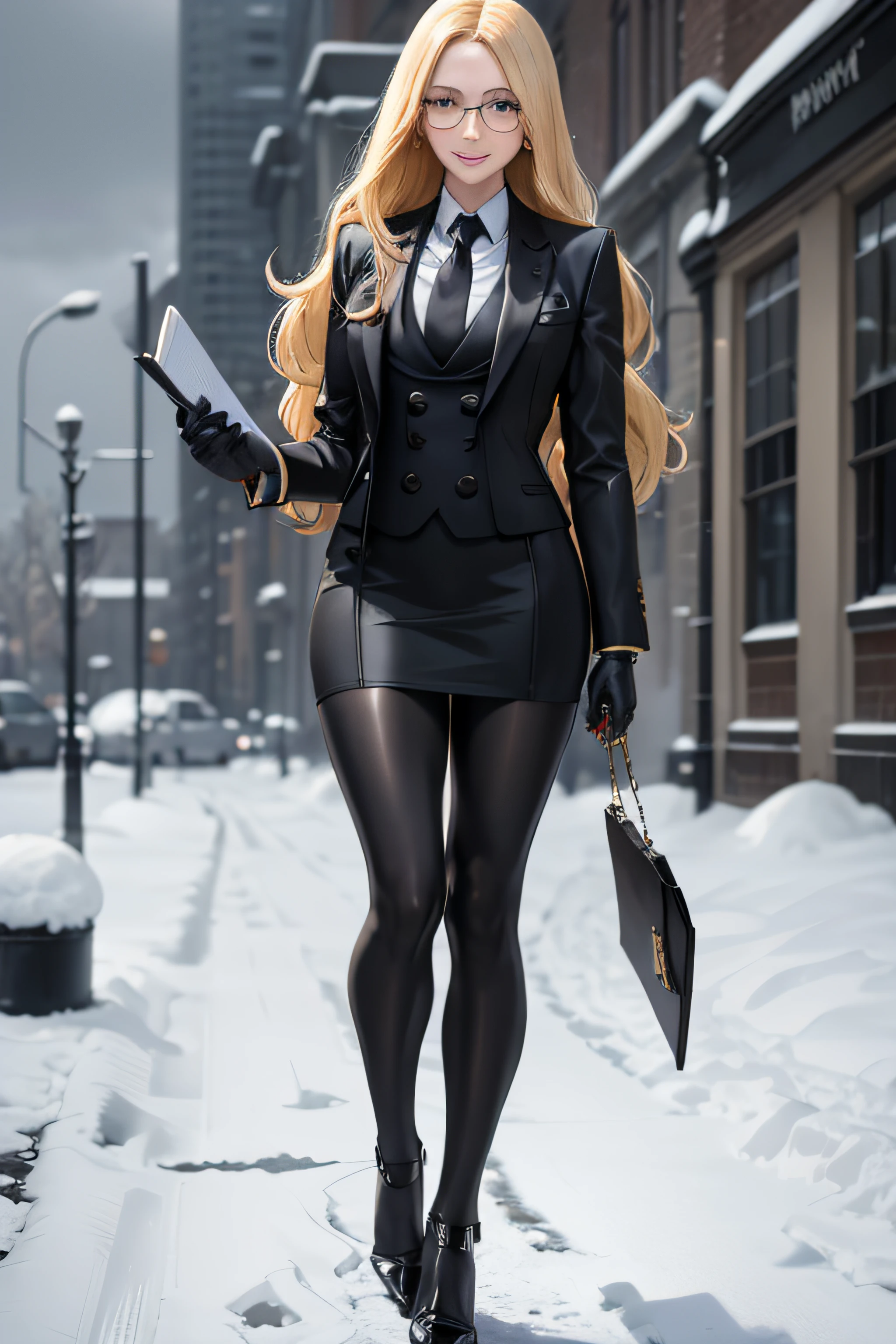 masterpiece, best quality, blonde hair, sfKolin, glasses, black shiny skirt suit, (((three-piece suit))), necktie, blazer, suit jacket, waistcoat, bodycon skirt, snow, grey sky, black gloves, holding clipboard, smiling, looking at viewer, high heels