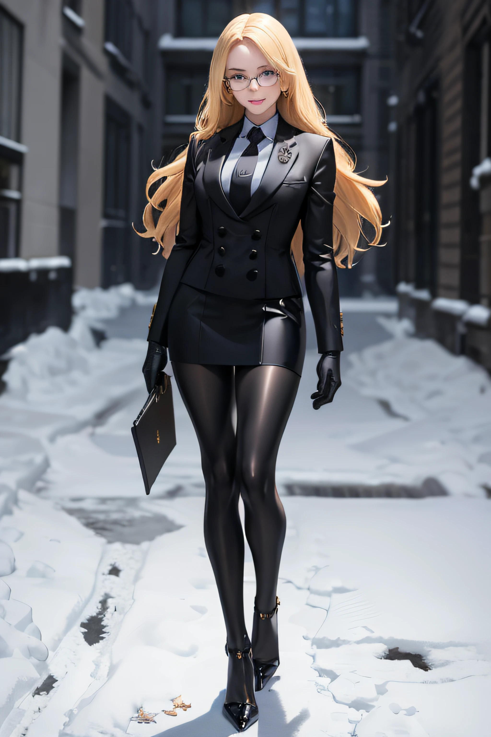 masterpiece, best quality, blonde hair, sfKolin, glasses, black shiny skirt suit, (((three-piece suit))), necktie, blazer, suit jacket, waistcoat, bodycon skirt, snow, grey sky, black gloves, holding clipboard, smiling, looking at viewer, high heels