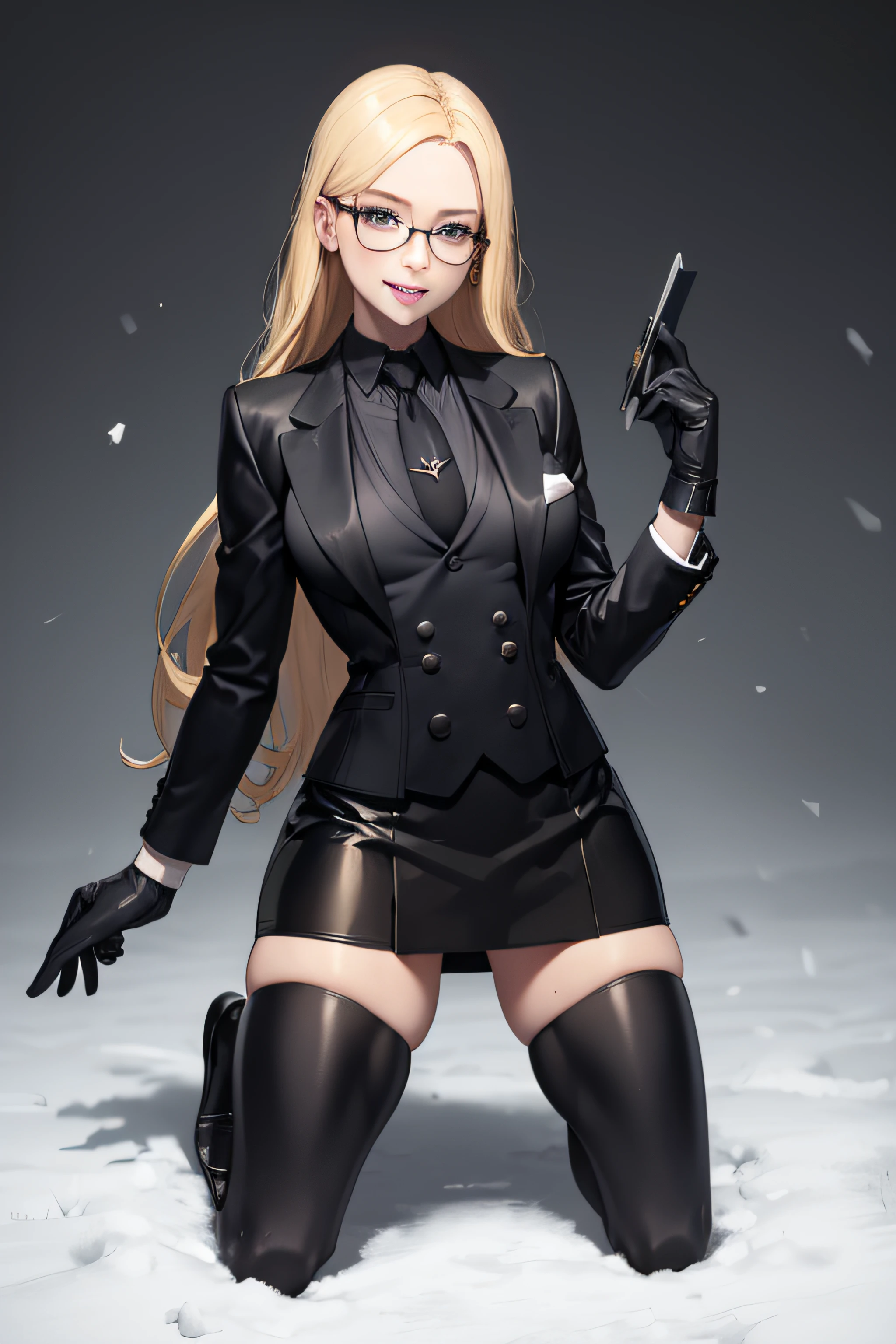 masterpiece, best quality, blonde hair, sfKolin, glasses, black shiny skirt suit, (((three-piece suit))), necktie, blazer, suit jacket, waistcoat, bodycon skirt, snow, grey sky, black gloves, holding clipboard, smiling, looking at viewer, kneeling, blowjob, penis in mouth, oral sex, fellatio