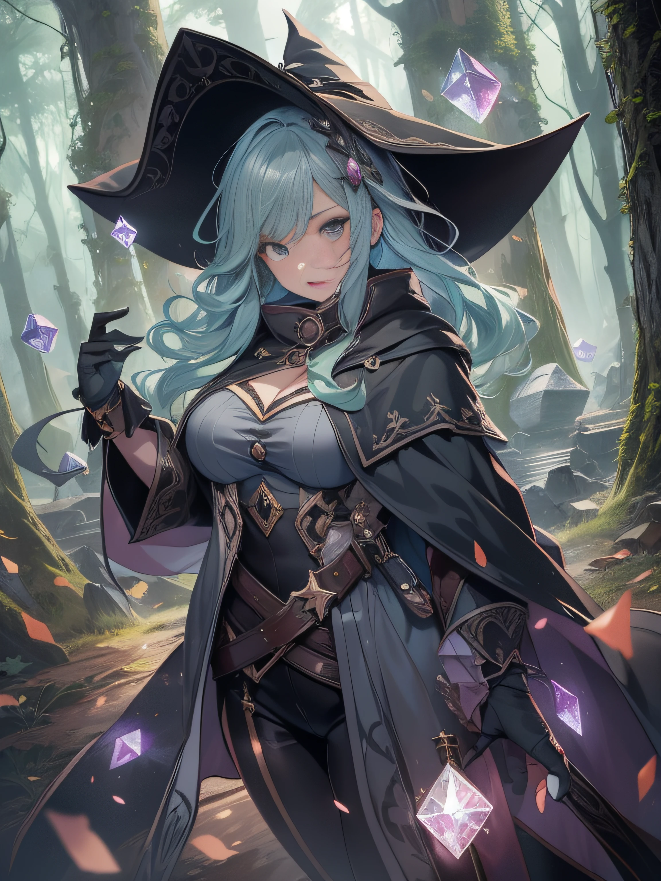 1 girl mid size growth,big boobs, cloak, witch hat, gloves, landscape, dreamlike, fantasy, abstract magical wood background, mid size hair, green hair, one eye covered, eyes through hair, leather outfit, dark lights, dark fantasy, 5 figers, 2 arms, 2 legs, shooting pose, masterpiece, best quality, high resolution, multicolored gray eyes, ethernals, crystallcore, crystals, bejeweled, perfect face, perfect anatomy, full body, open mouth