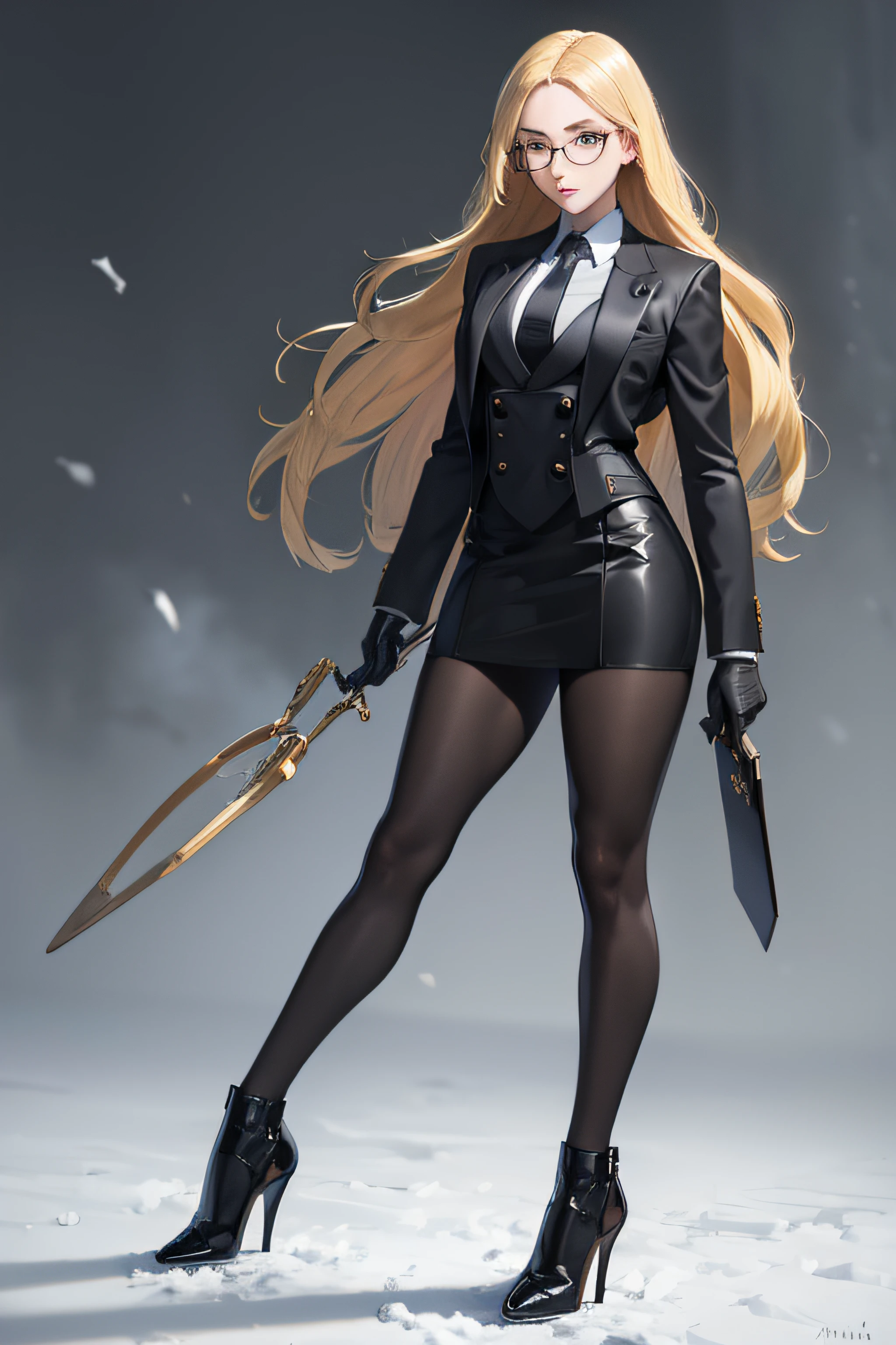 masterpiece, best quality, blonde hair, sfKolin, glasses, black shiny skirt suit, (((three-piece suit))), necktie, blazer, suit jacket, waistcoat, bodycon skirt, snow, grey sky, black gloves, holding clipboard, looking at viewer, high heels