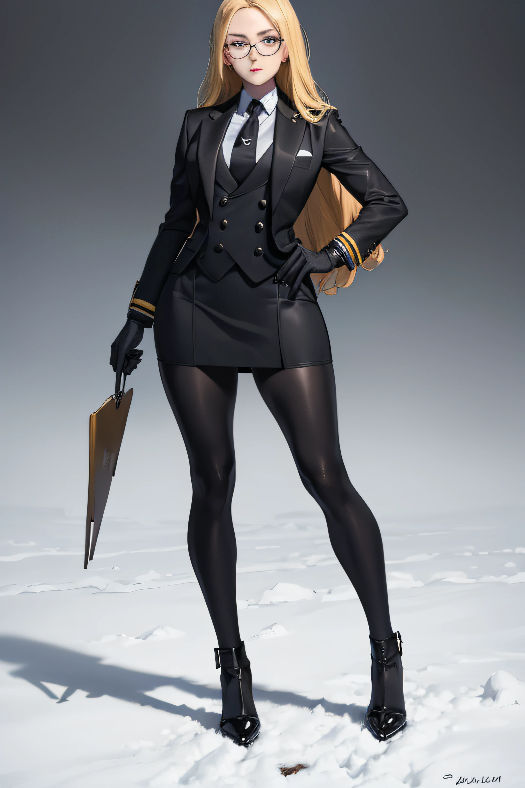 masterpiece, best quality, blonde hair, sfKolin, glasses, black shiny skirt suit, (((three-piece suit))), necktie, blazer, suit jacket, waistcoat, bodycon skirt, snow, grey sky, black gloves, holding clipboard, looking at viewer, high heels