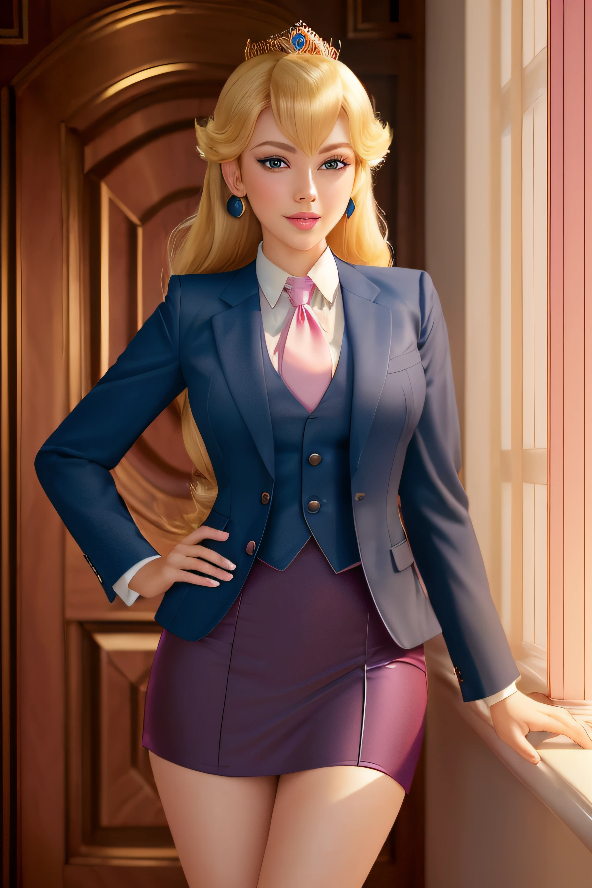 highres, masterpiece, perfect ligthing, bloom, cinematic lighting, adult, perfect skin, female, ((cowboy shot)), Hand on hip, smile, narrow waist, skinny,  (PrincessPeach), (Princess Peach), (navy skirt suit, (((dark three-piece suit))), dress shirt, necktie, blazer, suit jacket, waistcoat, ((bodycon miniskirt))), crown, detailled eyes, blue eyes, sensual, office, pink lips, ((glossy lips)), pursed lips, pink pumps, glossy skin, oily skin, beautiful light, (day:1.3), bright,