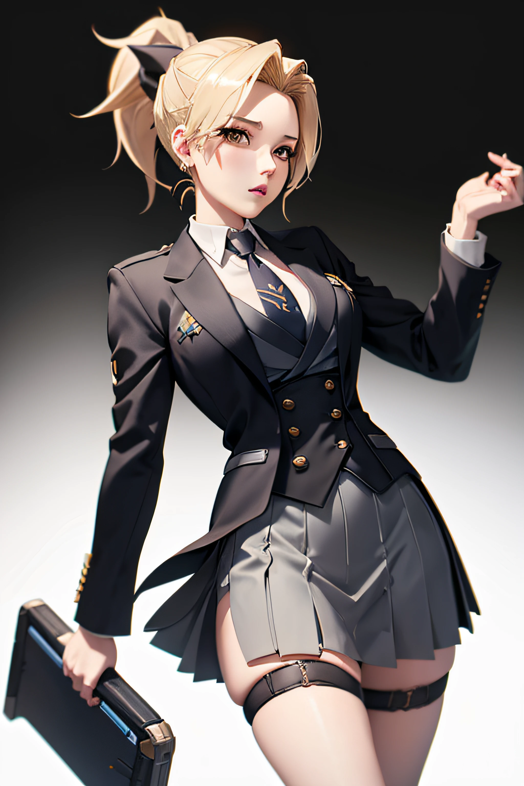 mercy (overwatch), hair up, ponytail, skirt suit, (((three-piece suit))), necktie, blazer, suit jacket, waistcoat, bodycon skirt,
