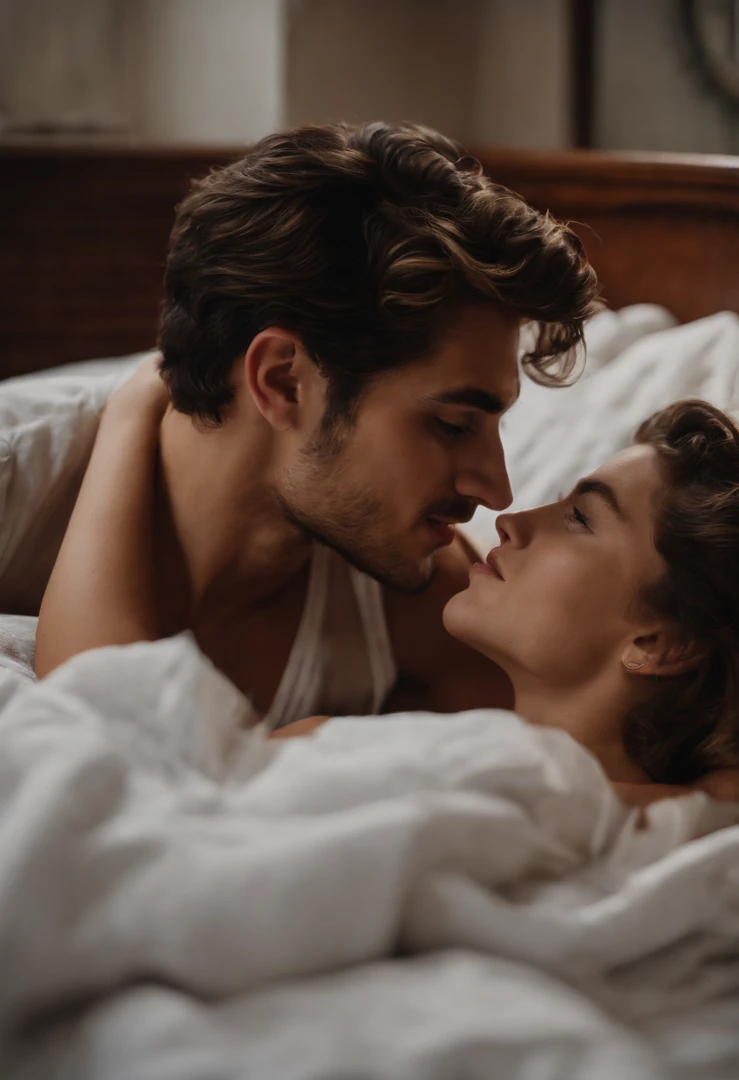 2 boys high in love, smoking weed, red eyes, touching each other, seductively, on bed, 1 boy is blushing, the other buy is really high and love lust, sexy