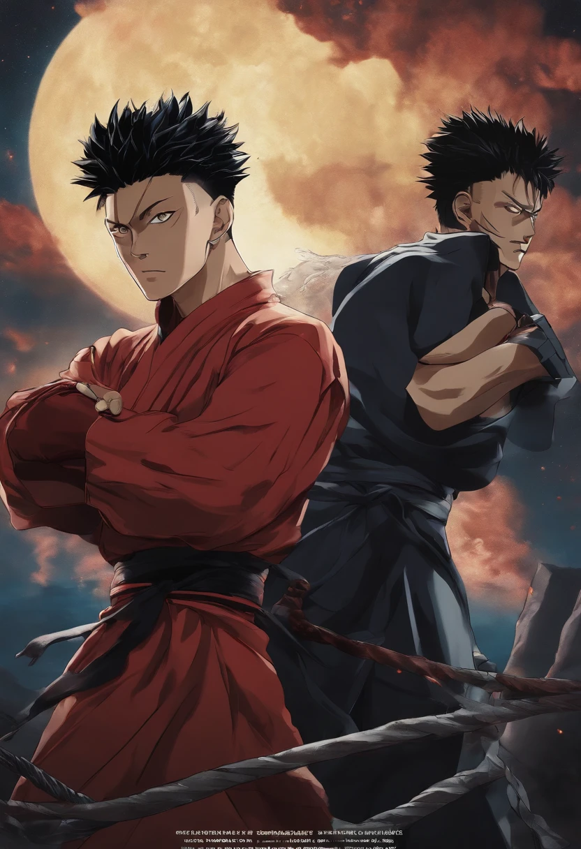 "Create a breathtaking movie poster inspired by that of Yuji Itadori from Gege Akutami's jujutsu kaisen anime alongside Yusuke Uramesh from Yoshihiro Togashi's Yu Yu Hakusho anime ."