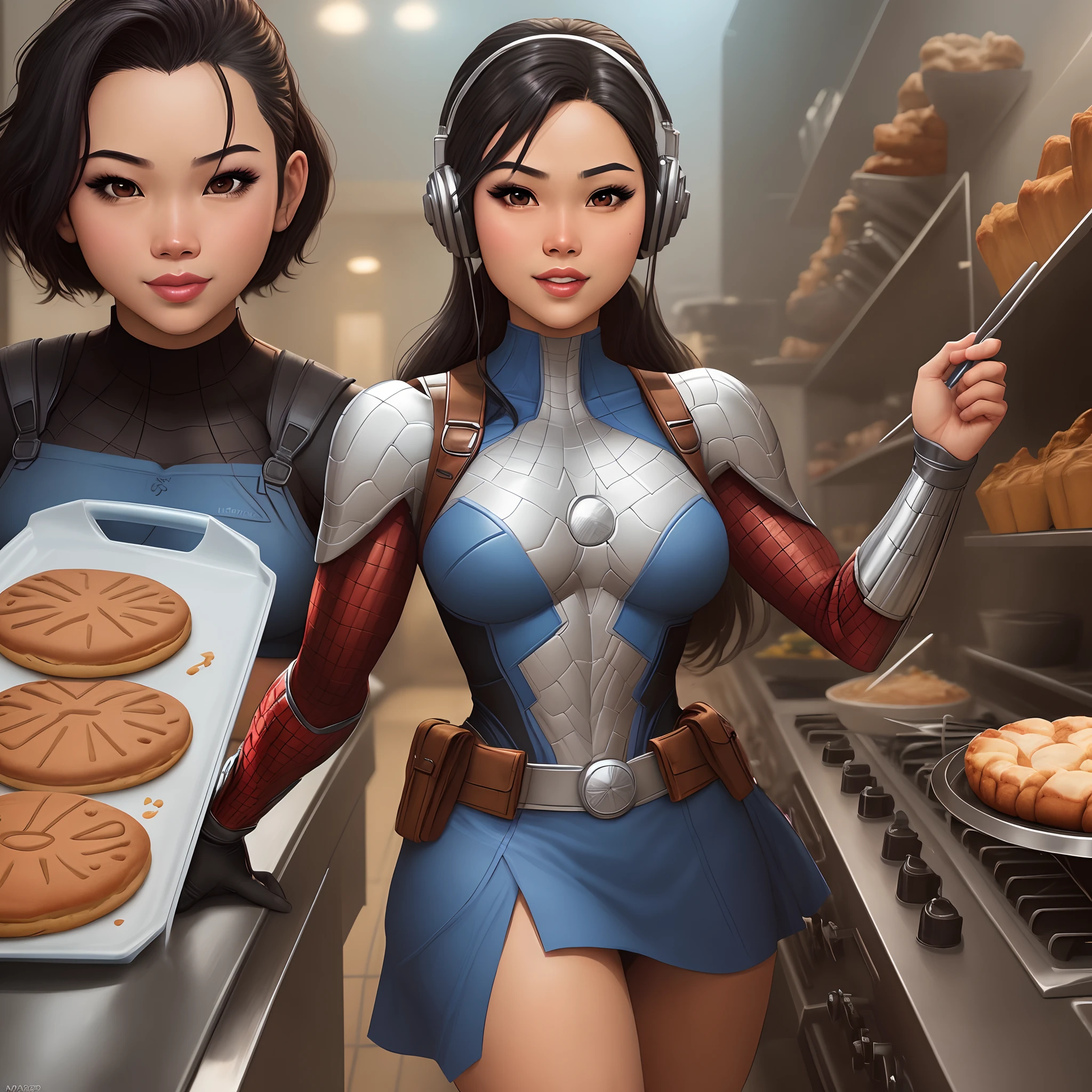 Create a Filipino, female, young adult, superhero in the marvel comic art style. Her powers use baking and music.
