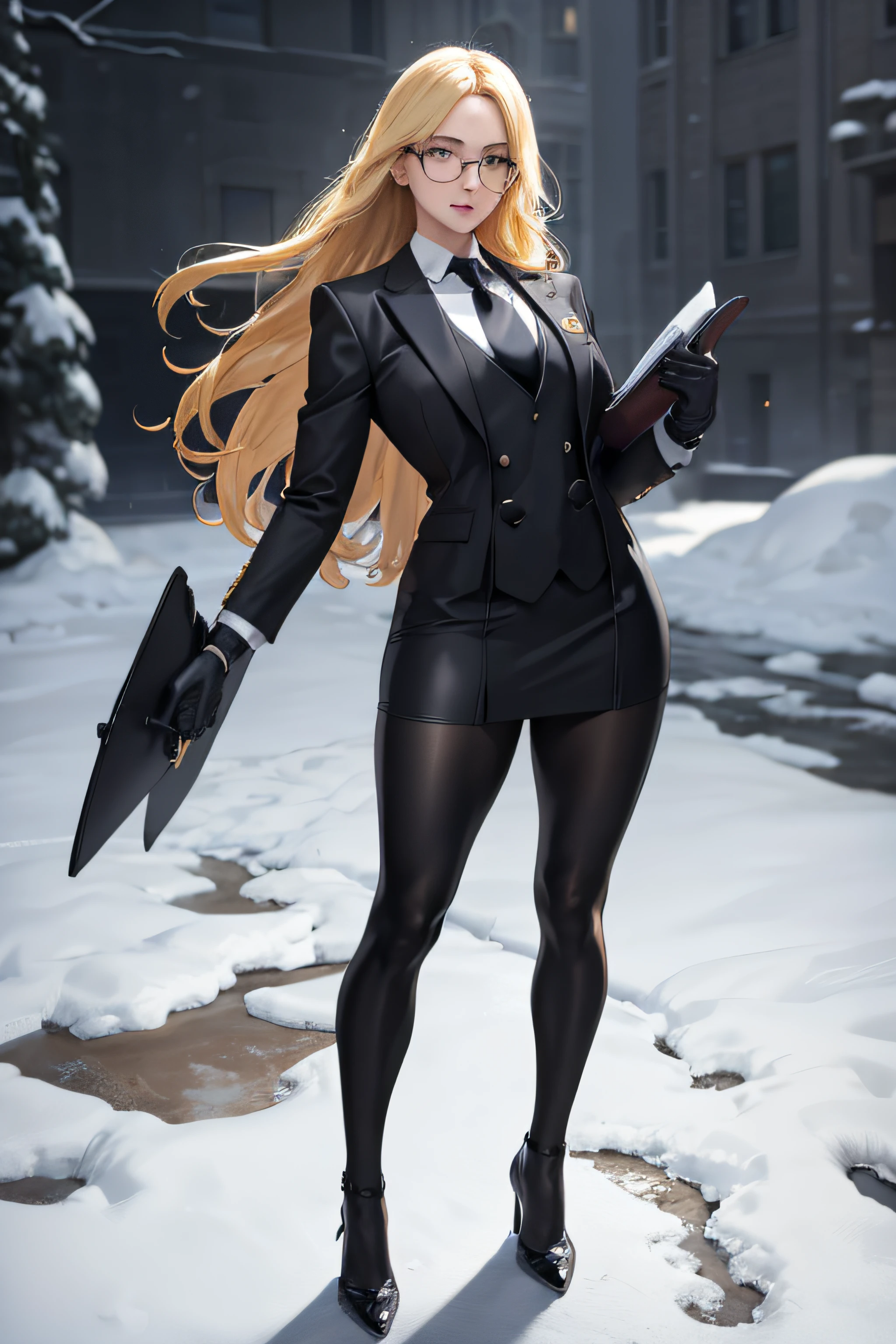 masterpiece, best quality, blonde hair, sfKolin, glasses, black shiny skirt suit, (((three-piece suit))), necktie, blazer, suit jacket, waistcoat, bodycon skirt, snow, grey sky, black gloves, holding clipboard, looking at viewer, high heels