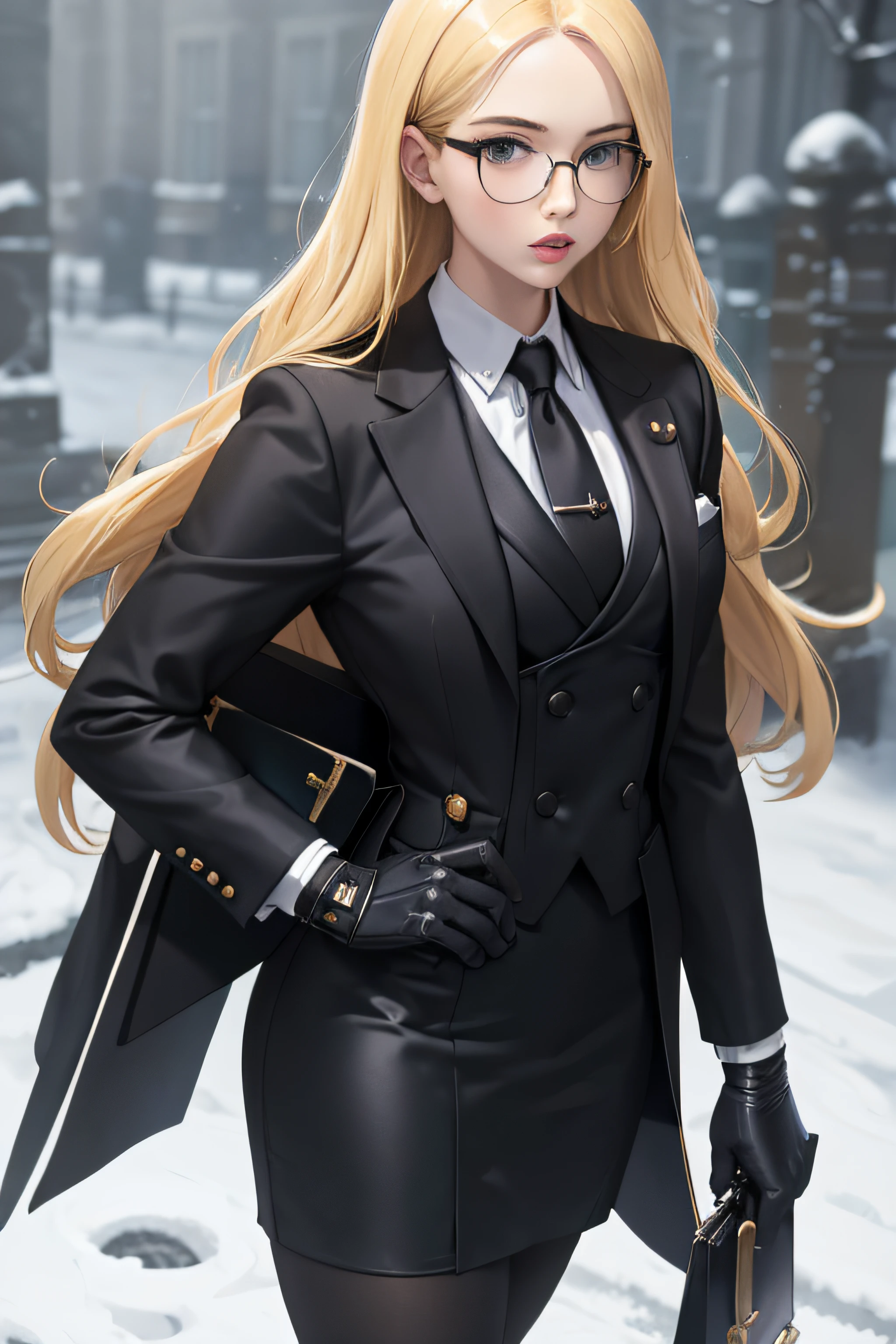 masterpiece, best quality, blonde hair, sfKolin, glasses, black shiny skirt suit, (((three-piece suit))), necktie, blazer, suit jacket, waistcoat, bodycon skirt, snow, grey sky, black gloves, holding clipboard, looking at viewer, high heels