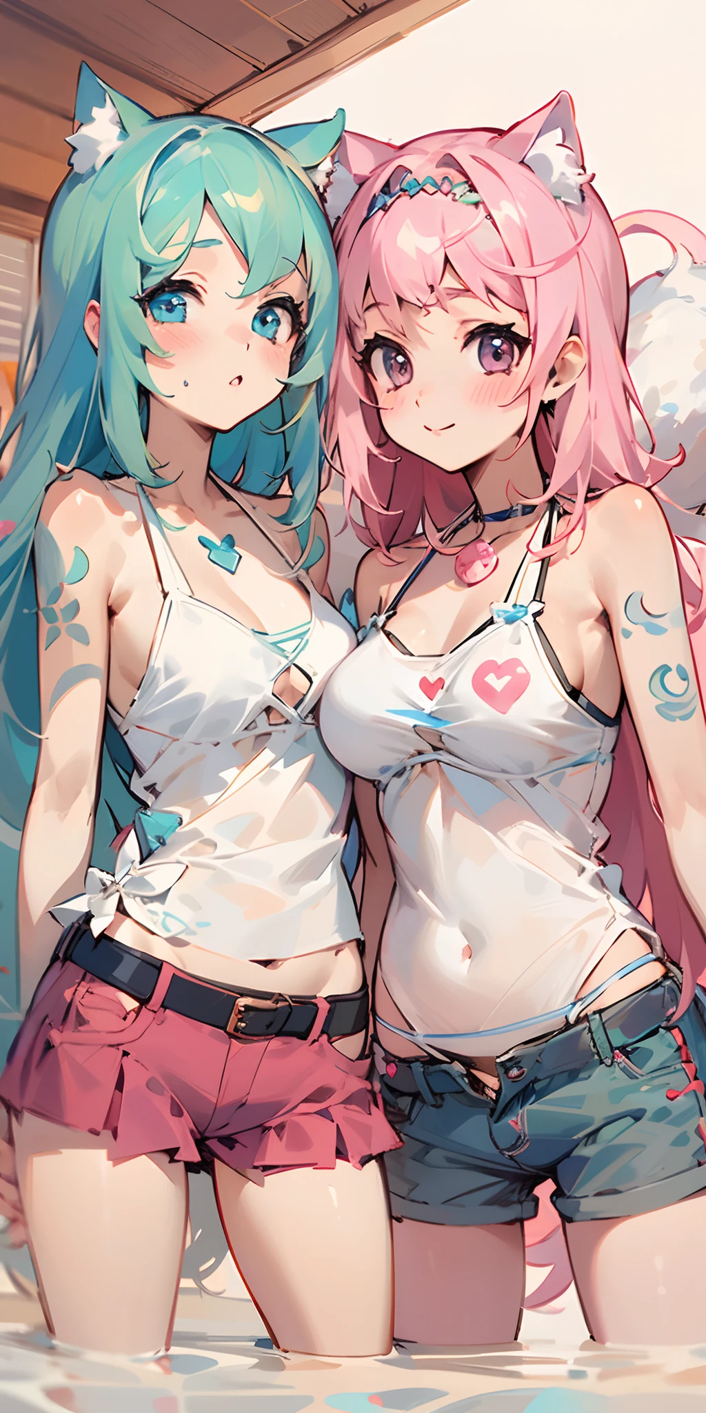 2 chicas neko, lesbianas,kawaii,en bikini,amor lesbico,rozando sus cuerpos ,juntas ,chocando sus pechos,distinto color de pelo